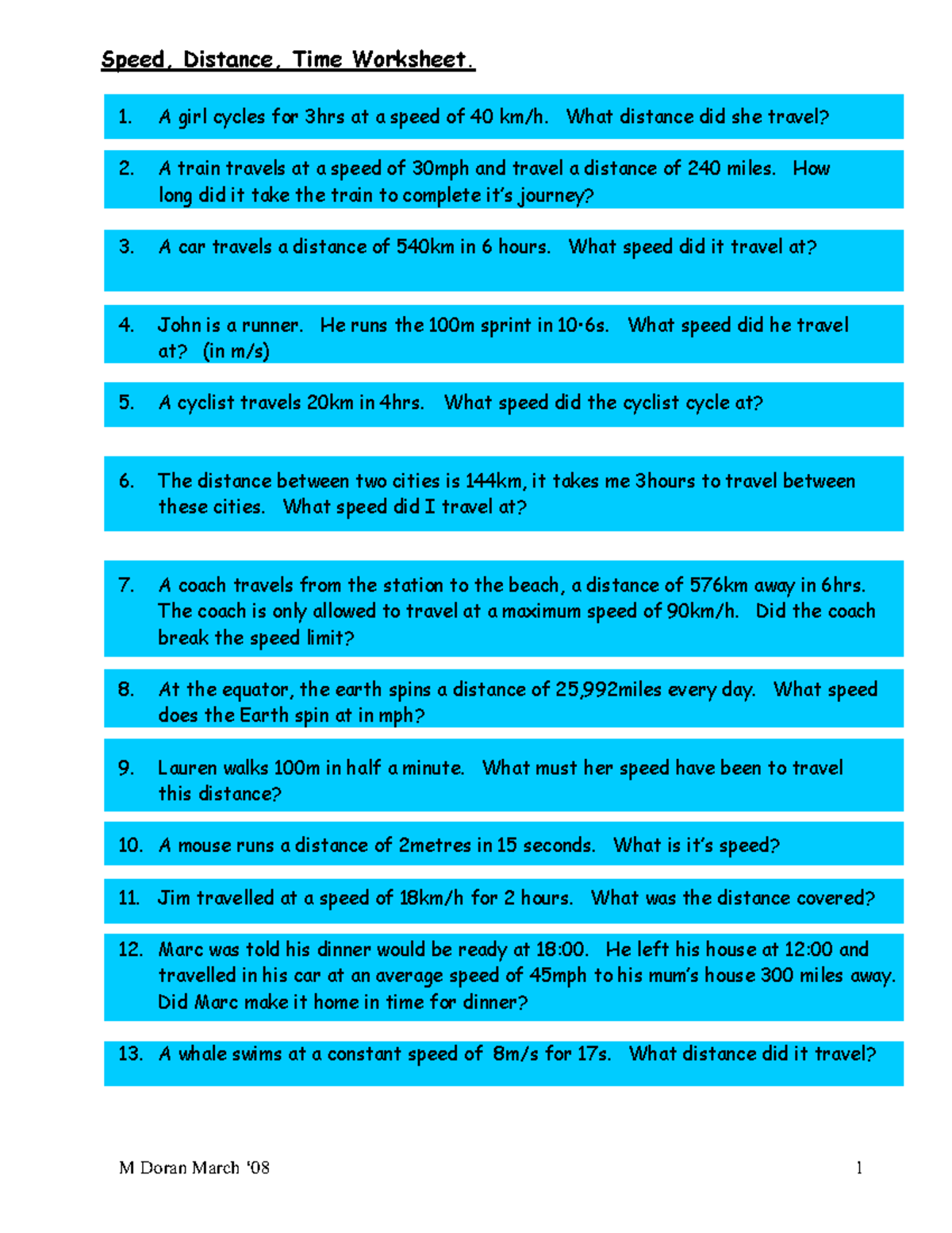 Speed, Distance, Time Problems Worksheet (MDT 101) - Studocu