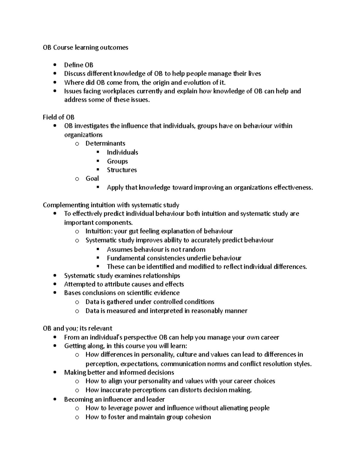 Week 1 - Lecture notes 1 - OB Course learning outcomes Define OB ...