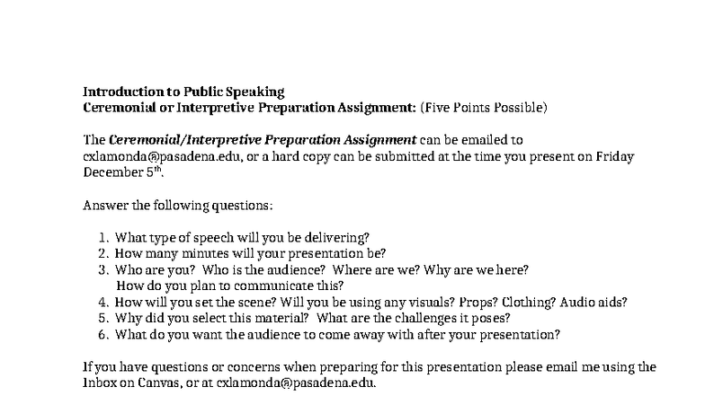 Ceremonial & Interpretive Speech Prep Assignment Guide - Studocu