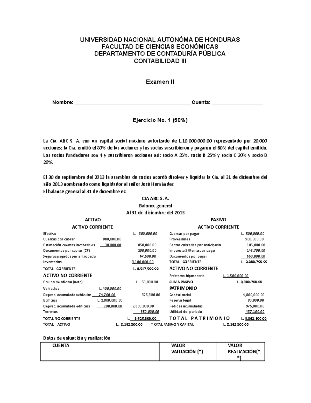 Examen II - Contabilidad III - Unidad II - Cálculos y Balance - Studocu