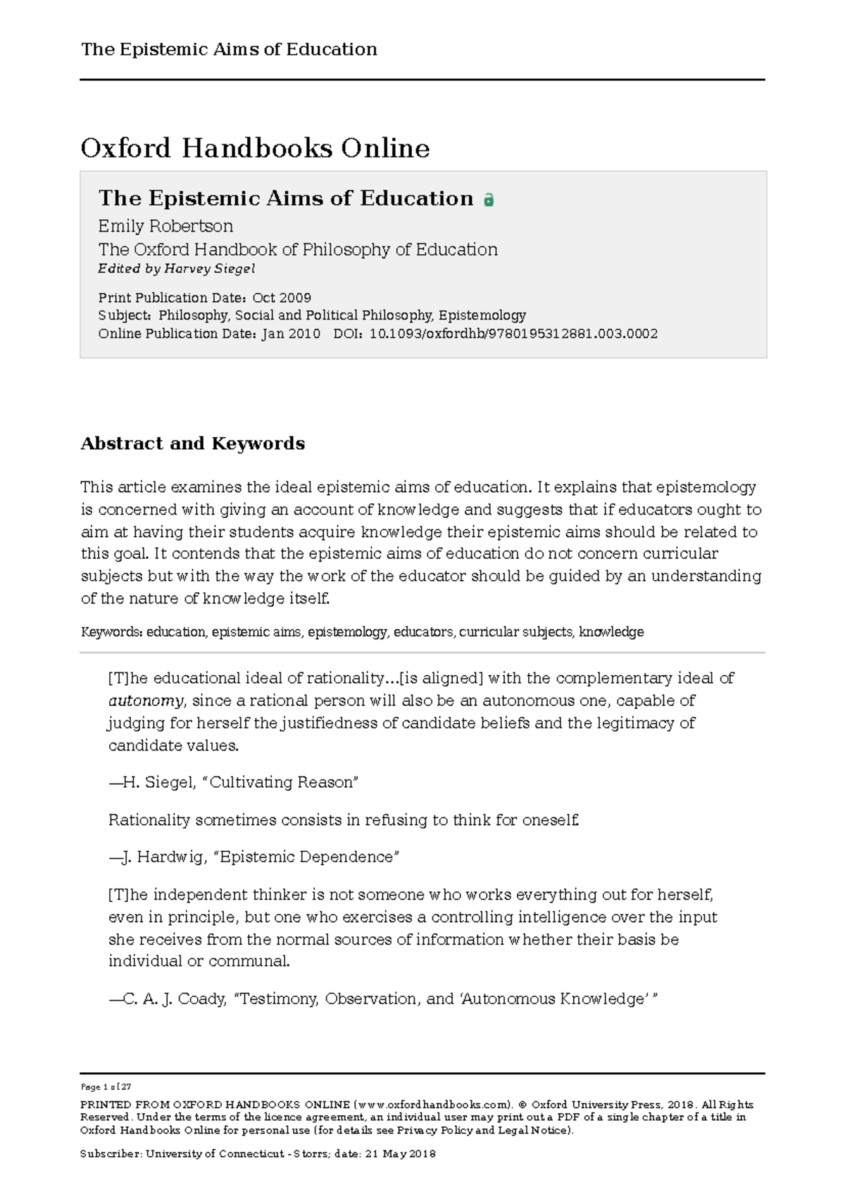 EPISTEMOLOGY 101: Exploring the Epistemic Aims of Education - Studocu