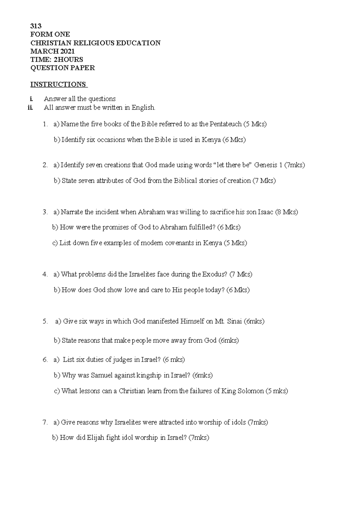 313 CRE FORM ONE MARCH 2021 QUESTION PAPER - 2 HOURS - Studocu