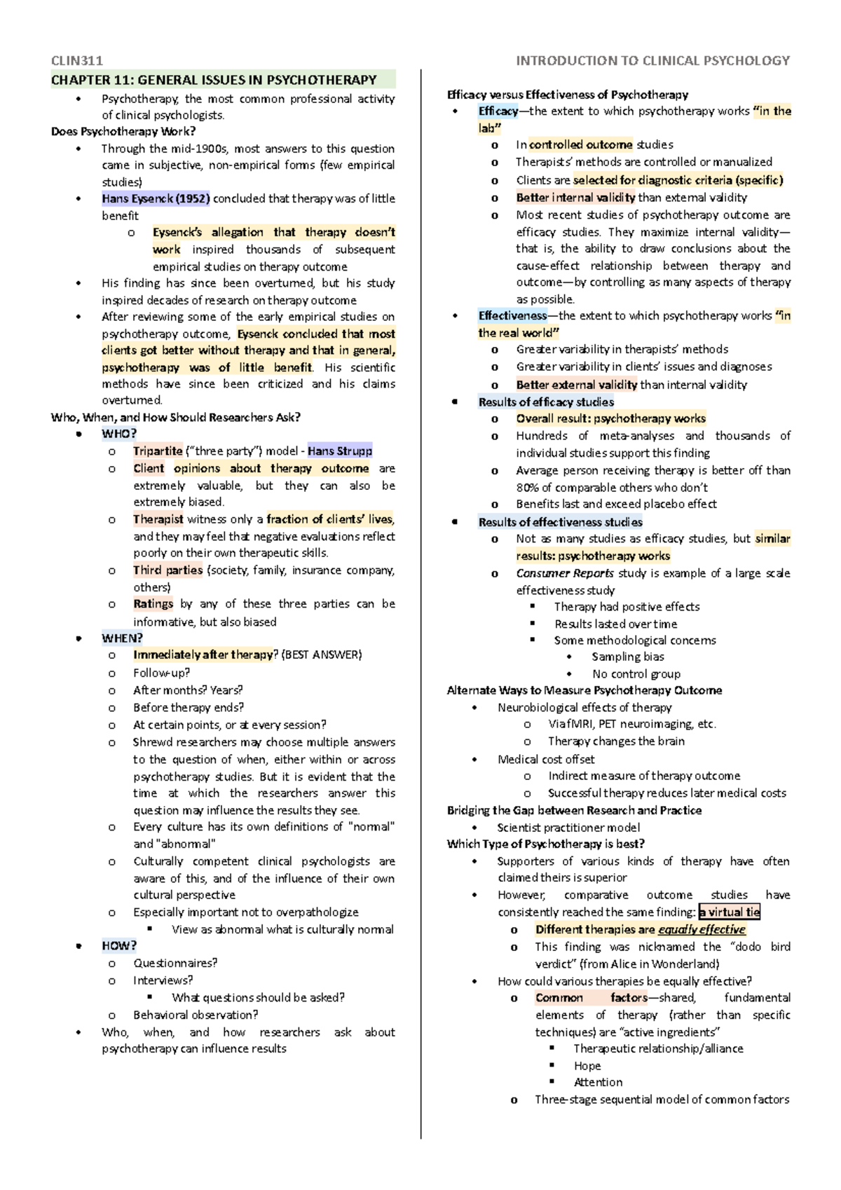 Clinical Psychotherapy Final Exam Review (PSY 400) - Document Preview