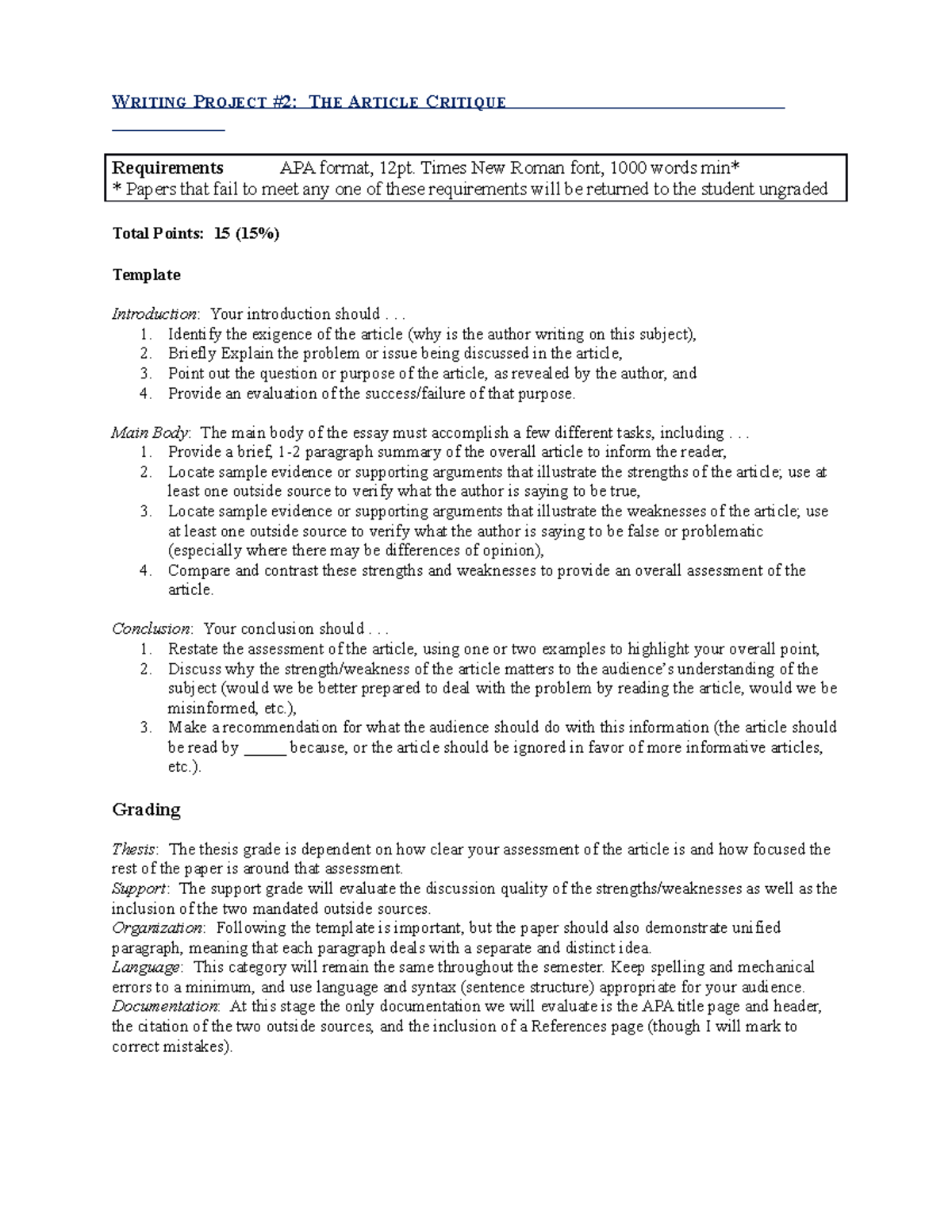 Writing Project #1- The Article Critique-1 - WRITING PROJECT #2: THE ...