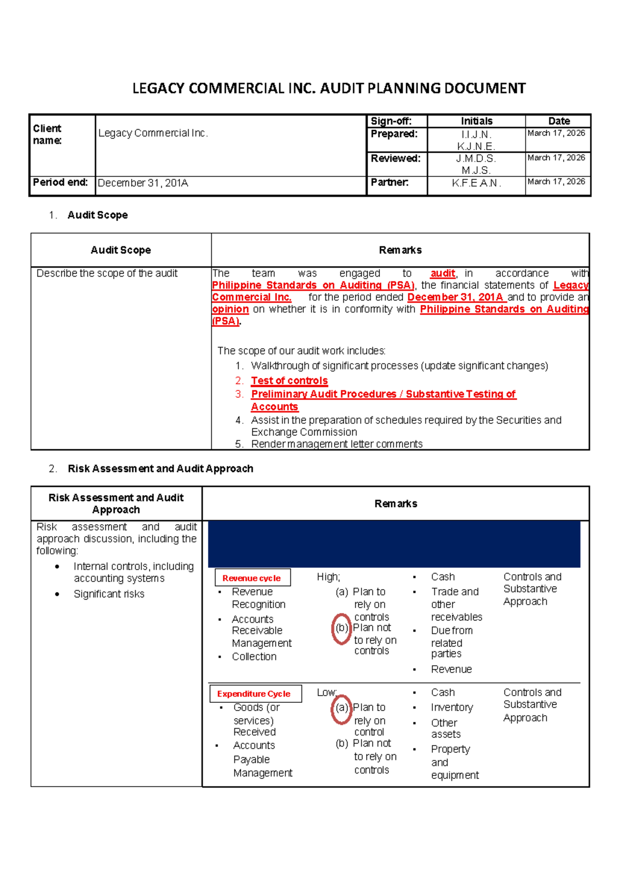 AUDIT PLANNING DOCUMENT: LEGACY COMMERCIAL INC. (AUDIT 07) - Studocu