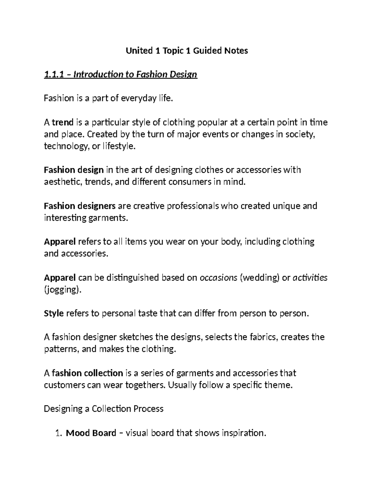United 1 Topic 1 Guided Notes: Introduction to Fashion Design - Studocu