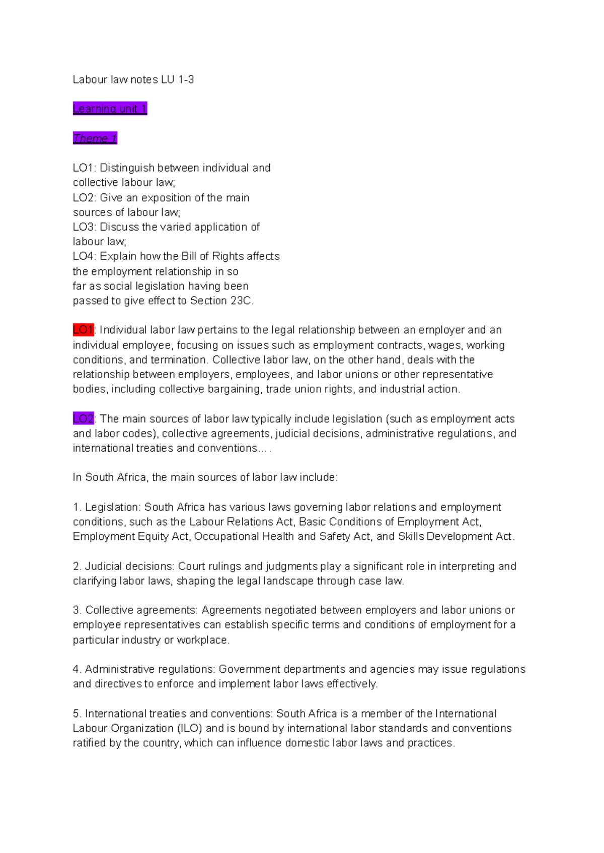 Labour Law Notes Overview: LU 1-3 Key Themes & Legal Frameworks - Studocu