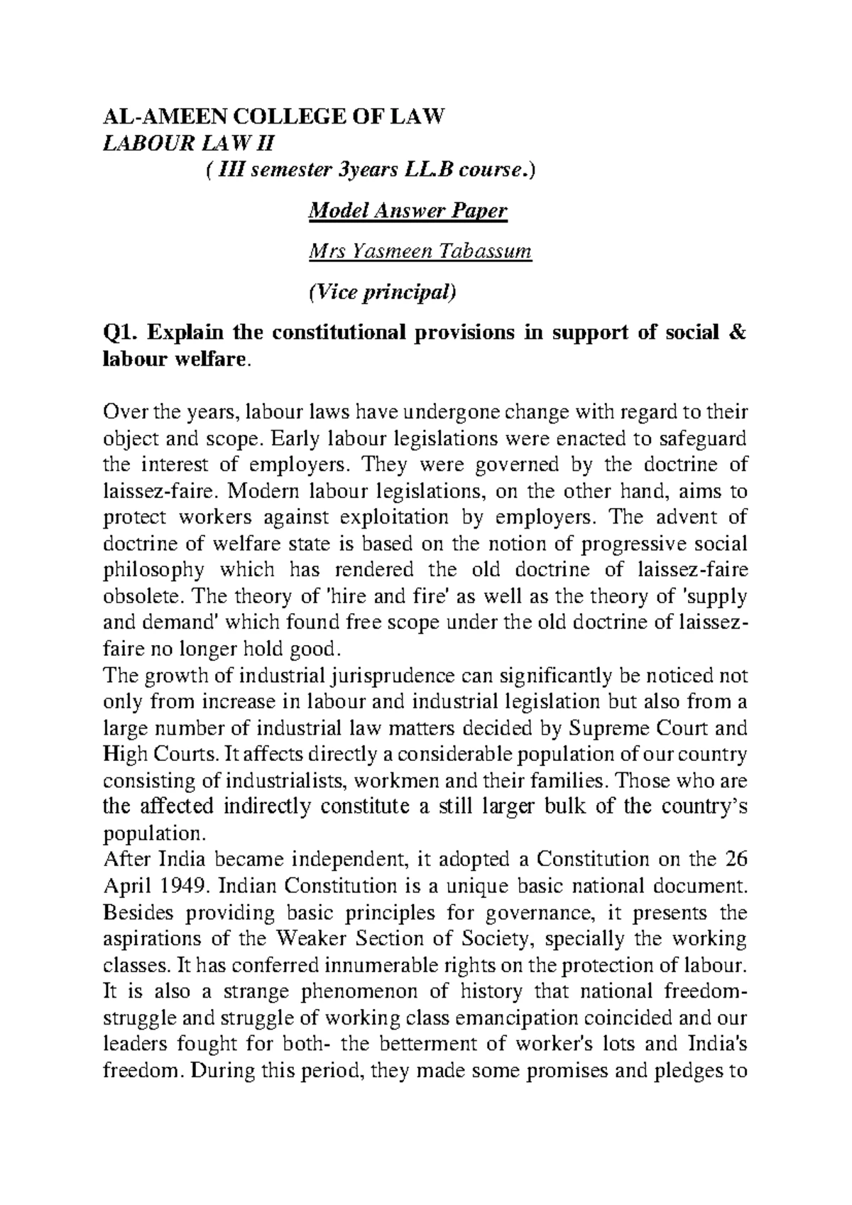 Labour law II old question paper - Ballb - Studocu