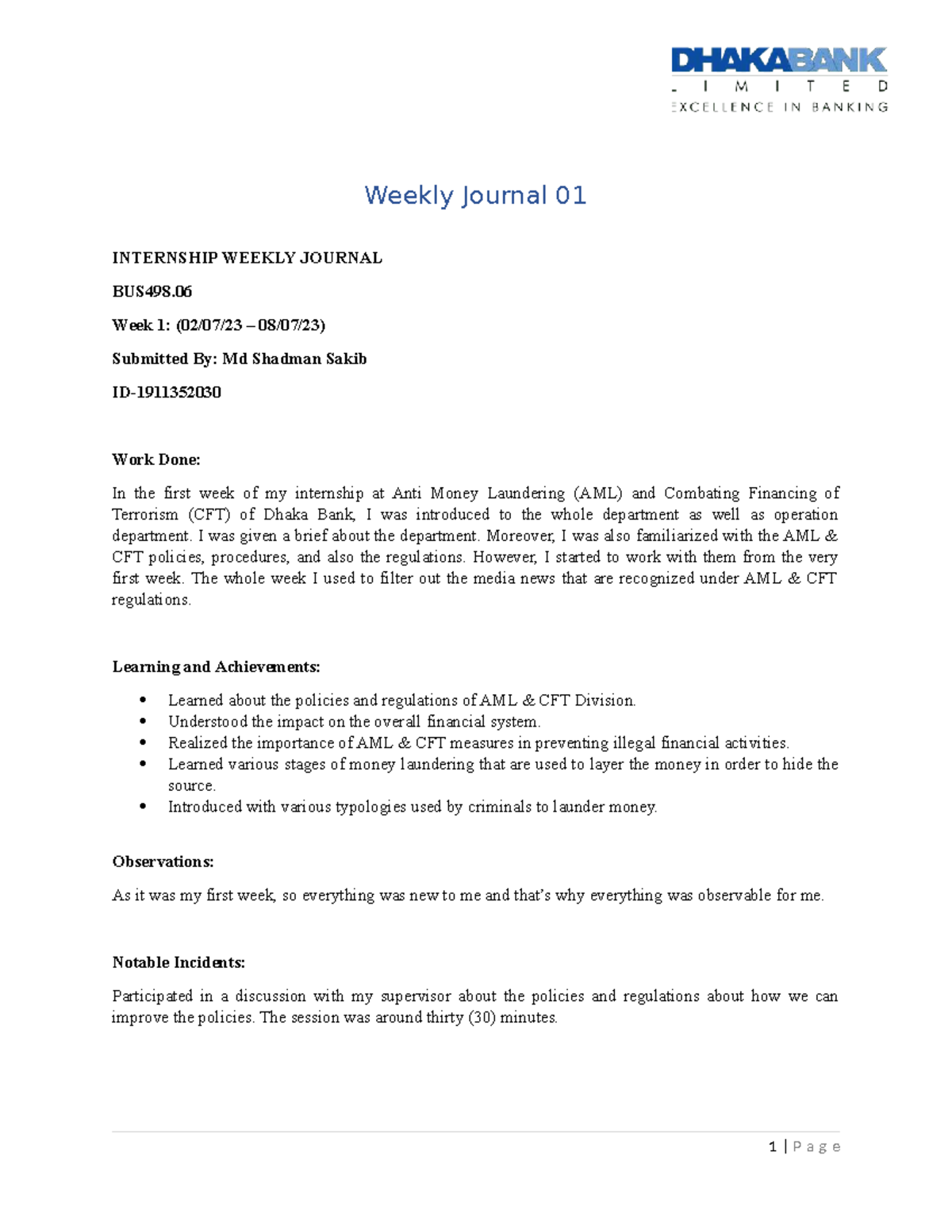 Weekly Journal 01: Internship Insights in AML CFT - BUS498.06 - Studocu