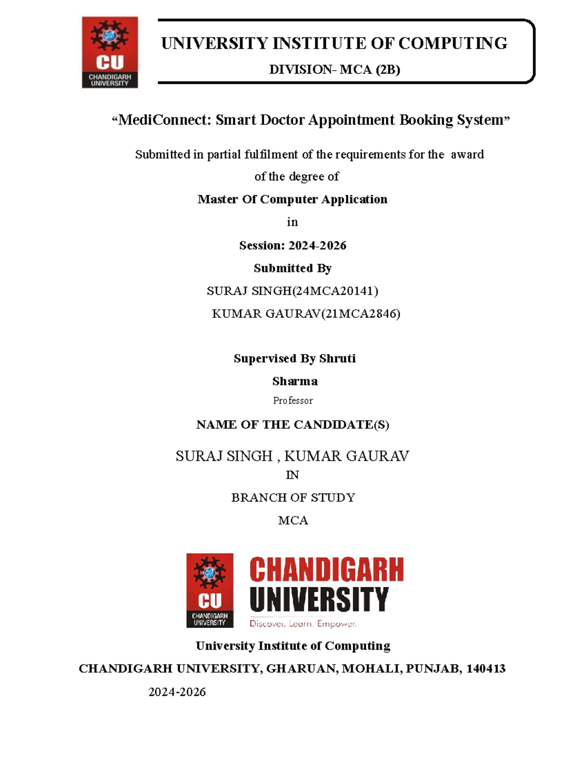 MCA (2B) Project Report: Smart Doctor Appointment Booking System - Studocu