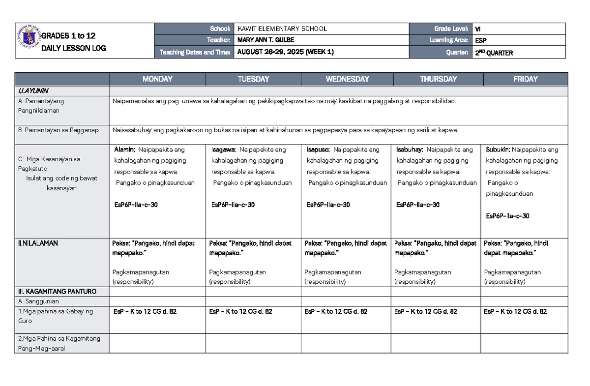 DLL ESP 6 Q2 W1 - Daily Lesson Log for Grade VI - Studocu