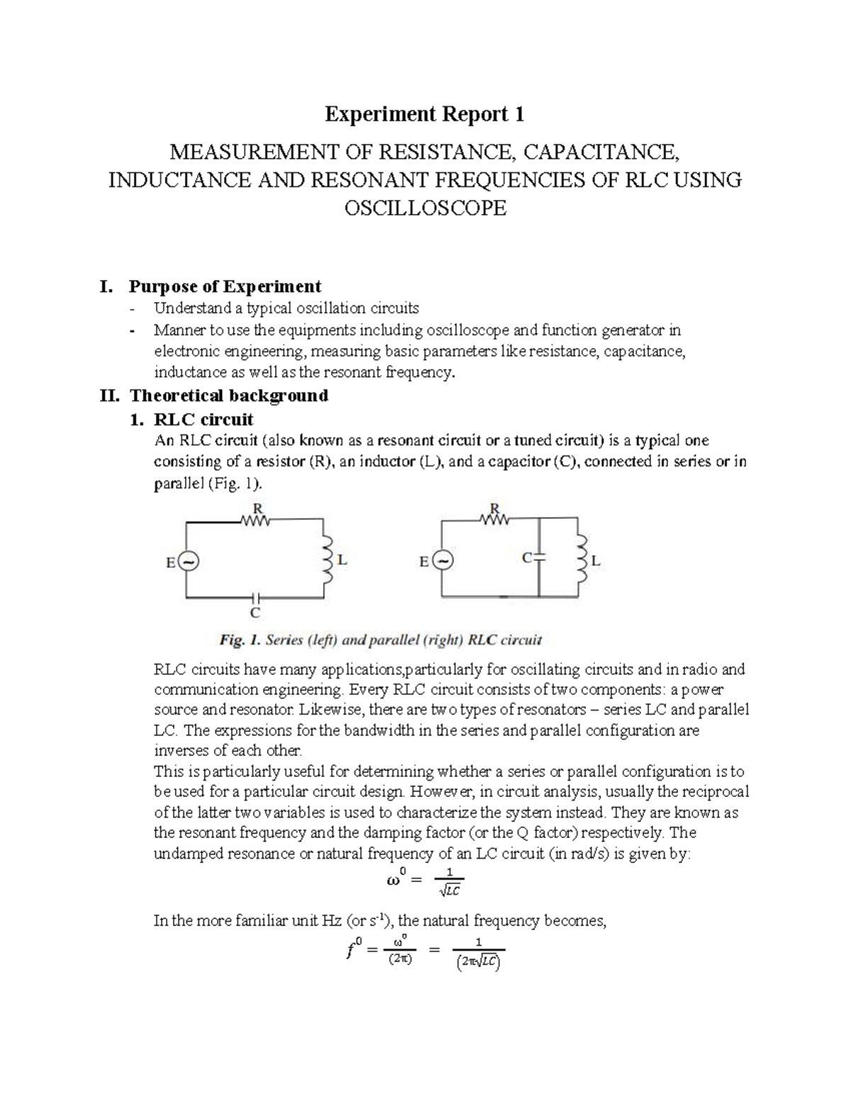 Experiment Report 1: Measurement of RLC Parameters Using Oscilloscope ...