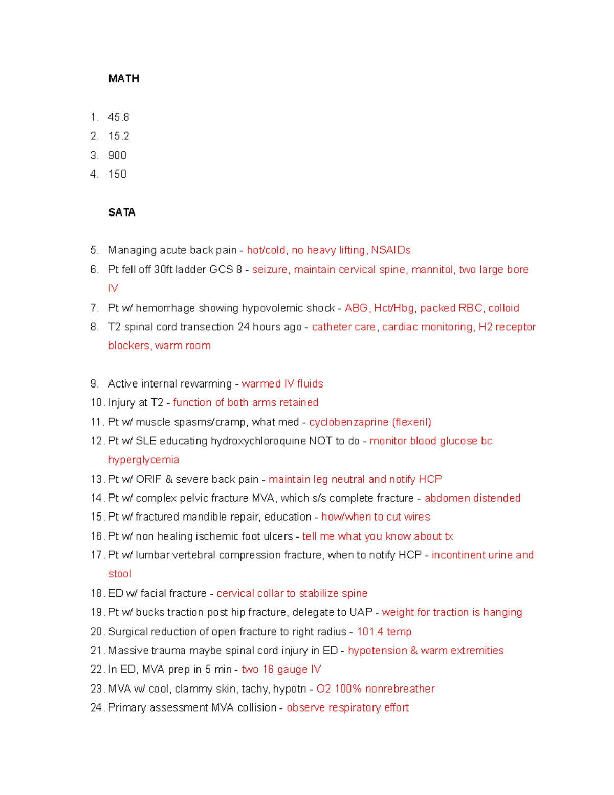 430 - Medical surgical nursing notes - MATH 1. 45. 2. 15. 3. 900 4. 150 ...