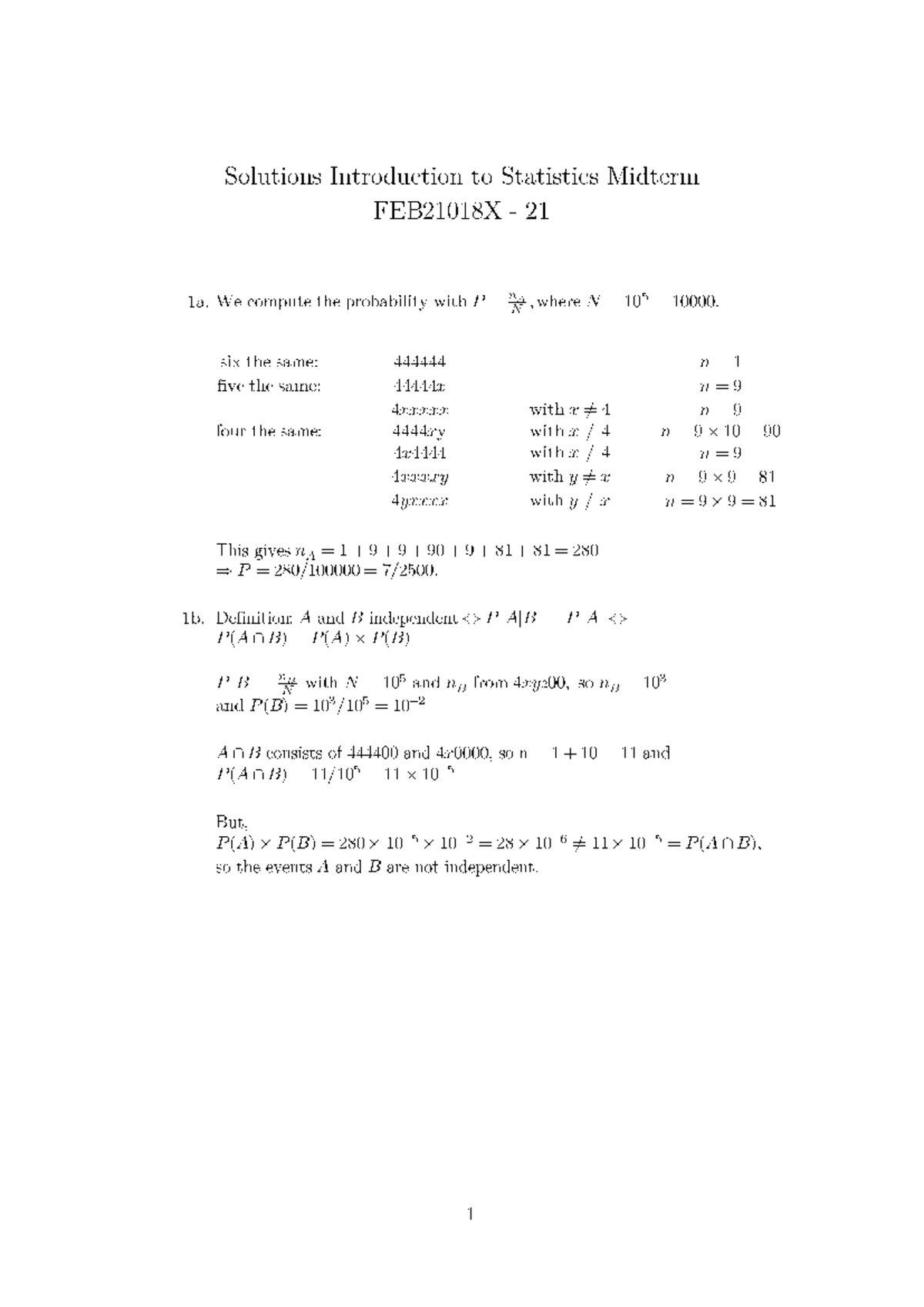 Introduction to Statistics - Midterm 2021 (Solution Guide) - Studeersnel