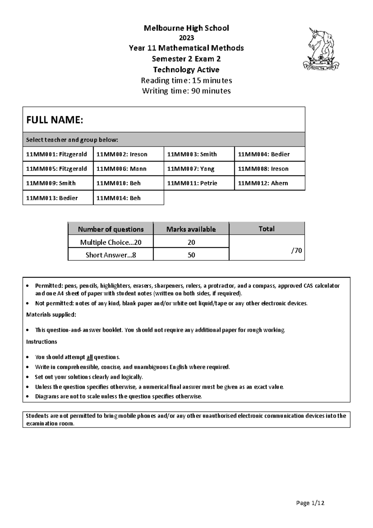 11MM Mathematical Methods Semester 2 Exam 2 - 2023 - Studocu