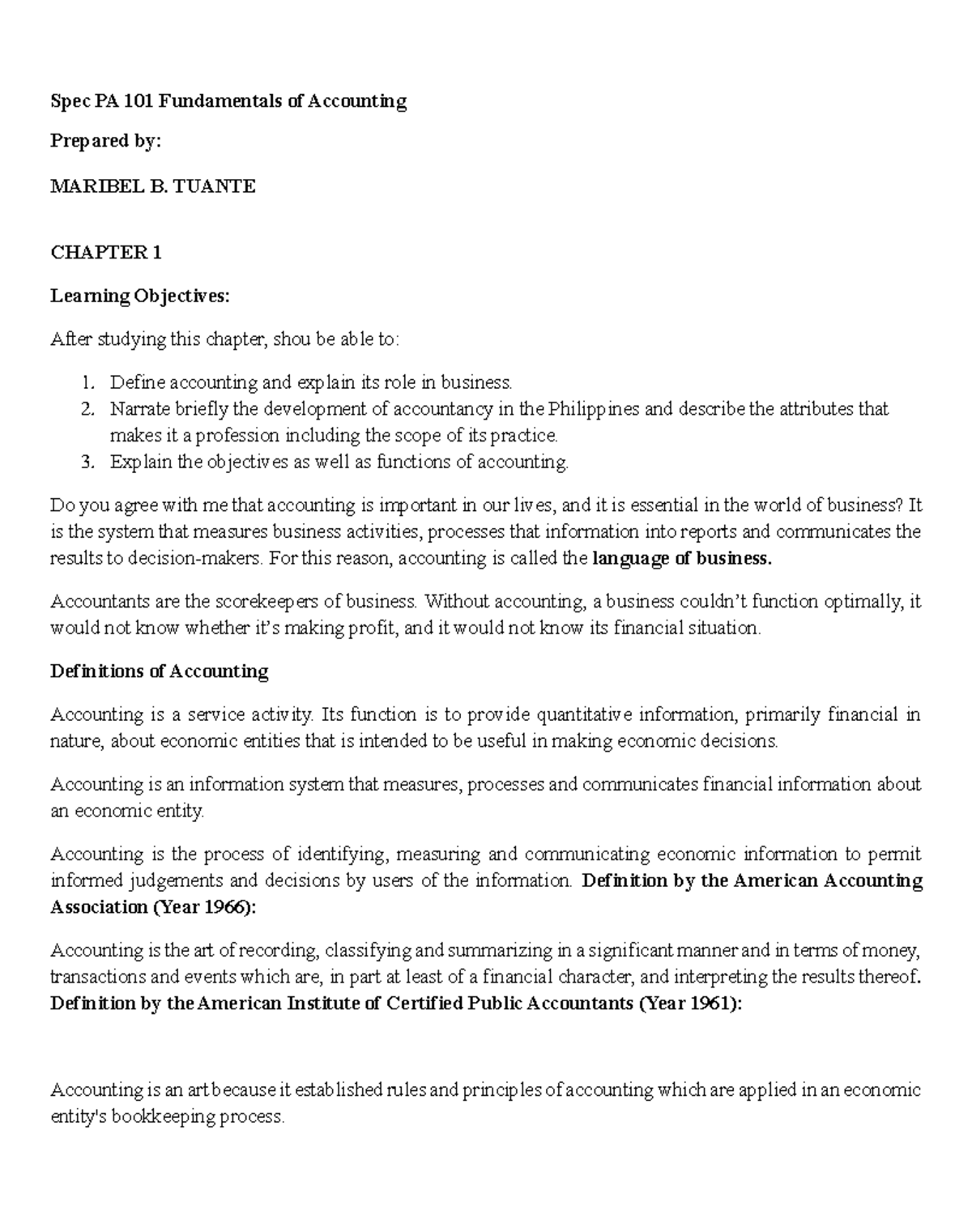 Spec PA 101 Fundamentals of Accounting - Chapter 1 Overview - Studocu