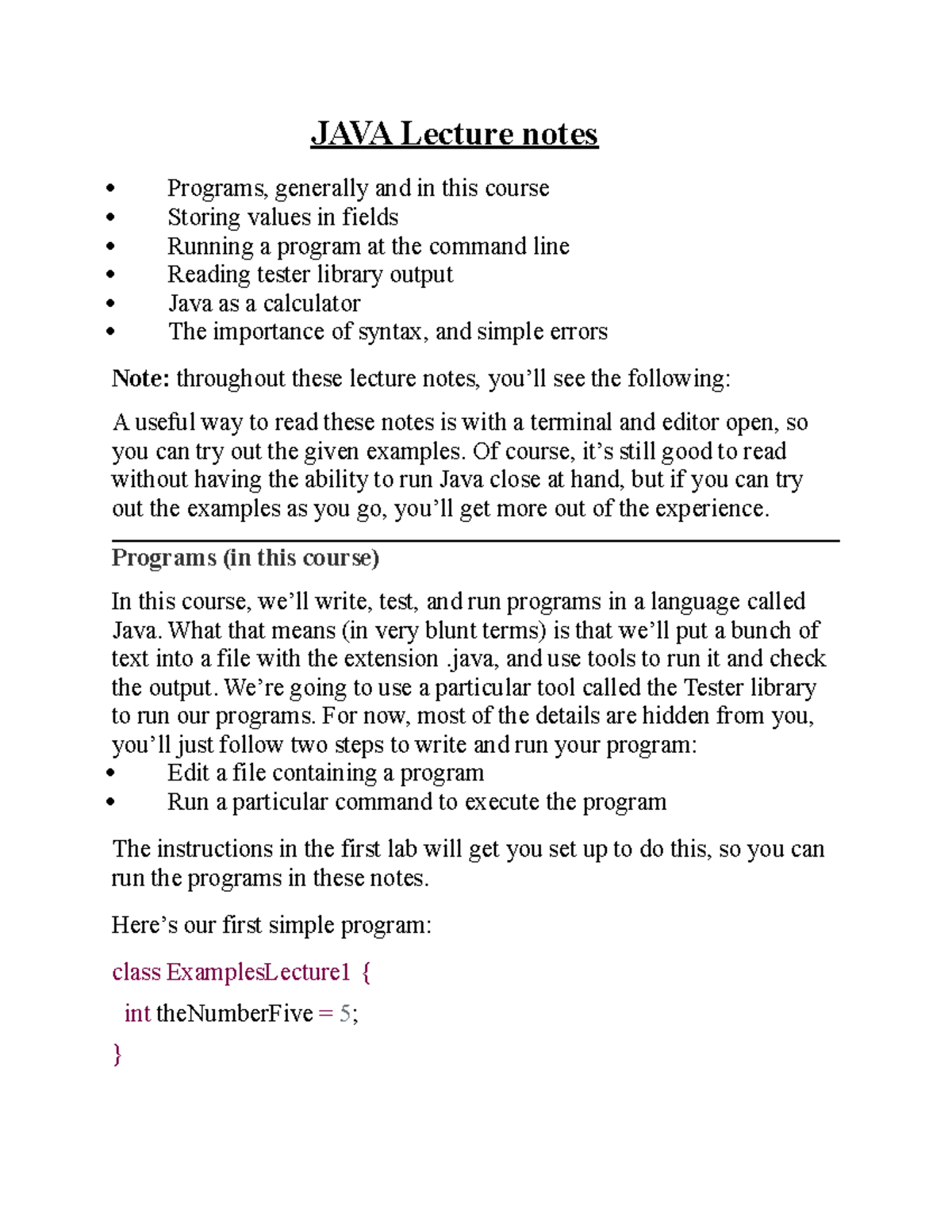 Java lecture - JAVA Lecture notes Programs, generally and in this ...