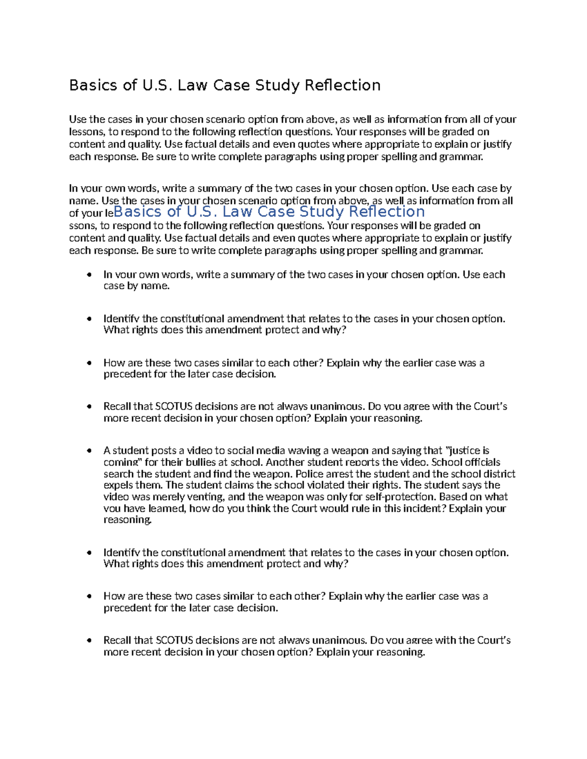 Basics of U.S. Law Case Study Reflection: Analyzing Key SCOTUS ...