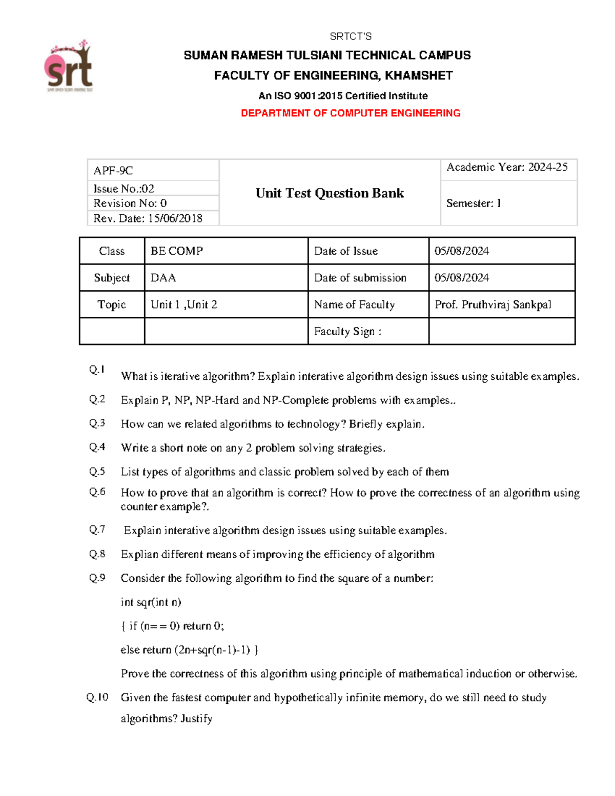 Unit Test DAA Question Bank for BE Comp Students - Sem I - Studocu