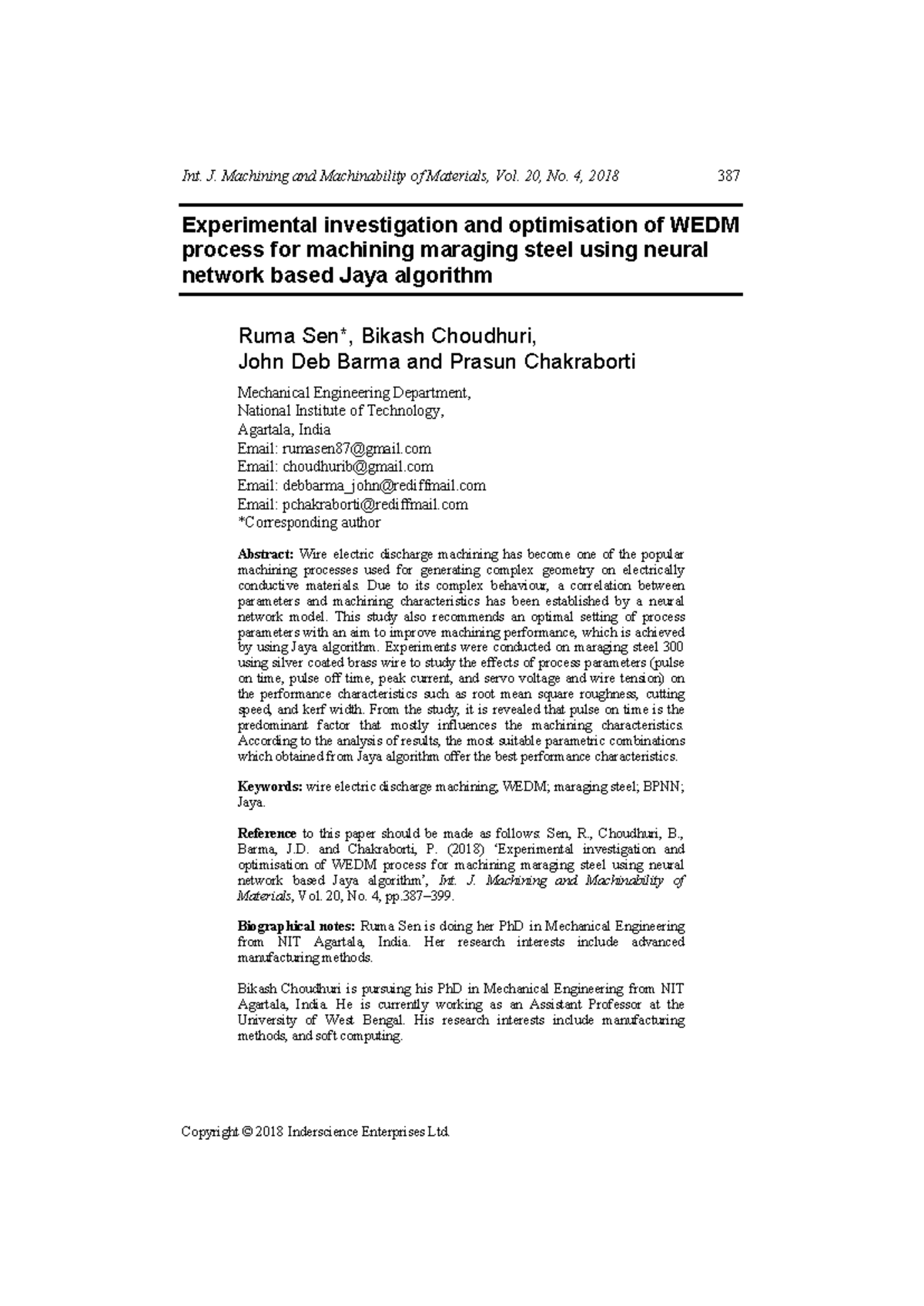 Experimental Optimization of WEDM Process for Maraging Steel Using Jaya ...