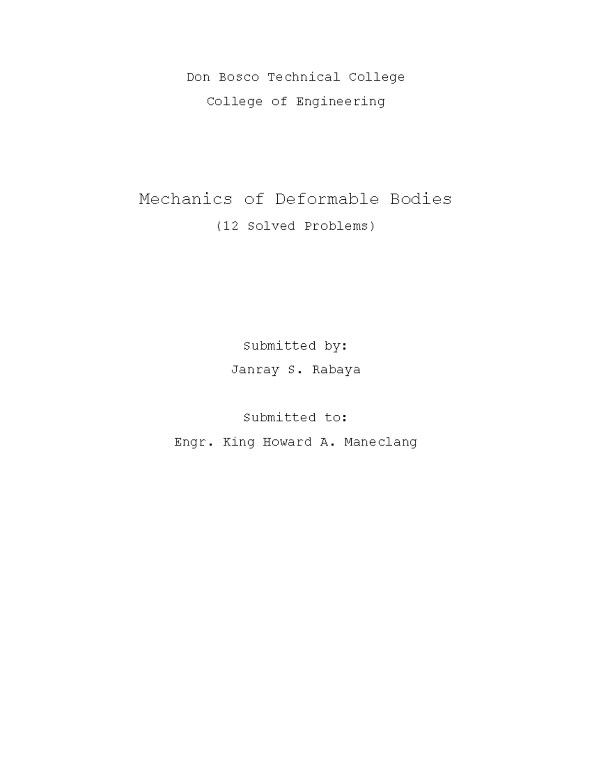 Mechanics of Deformable Bodies (ENGR 101) - Solved Problems - Studocu