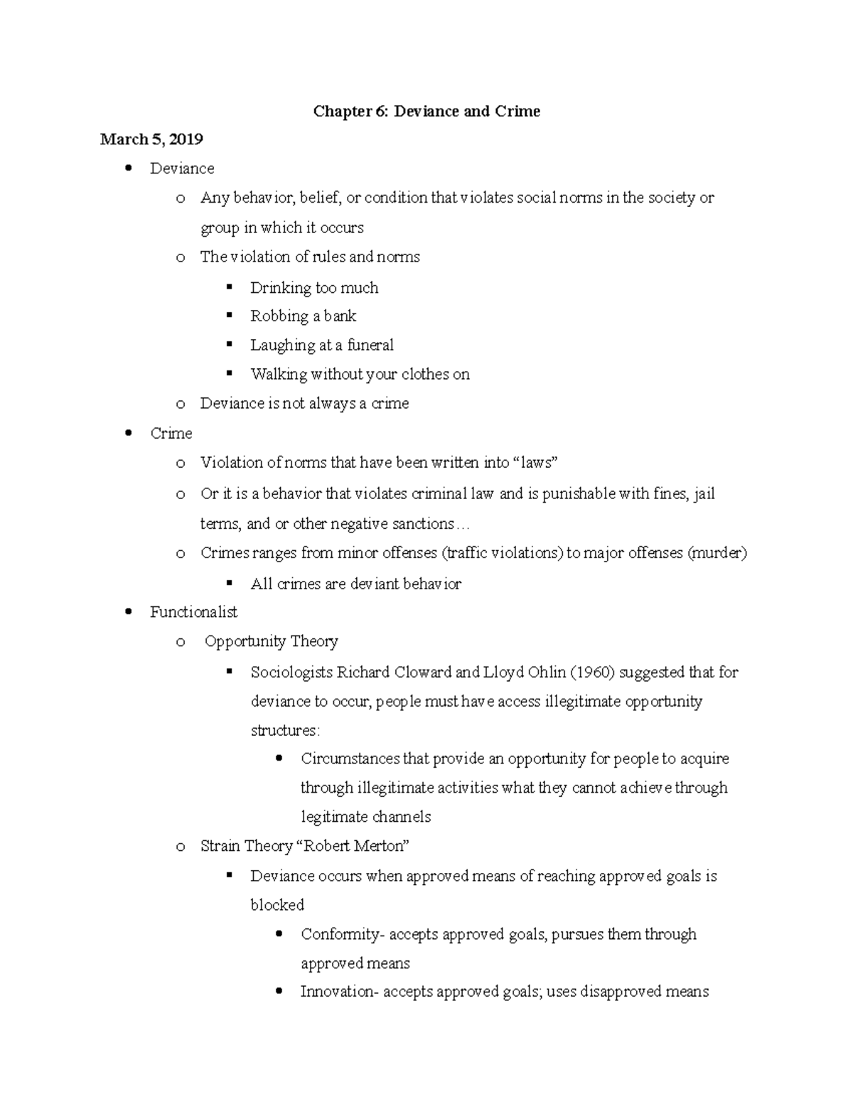 SOC 101 Final Notes - Chapter 6: Deviance and Crime March 5, 2019 ...