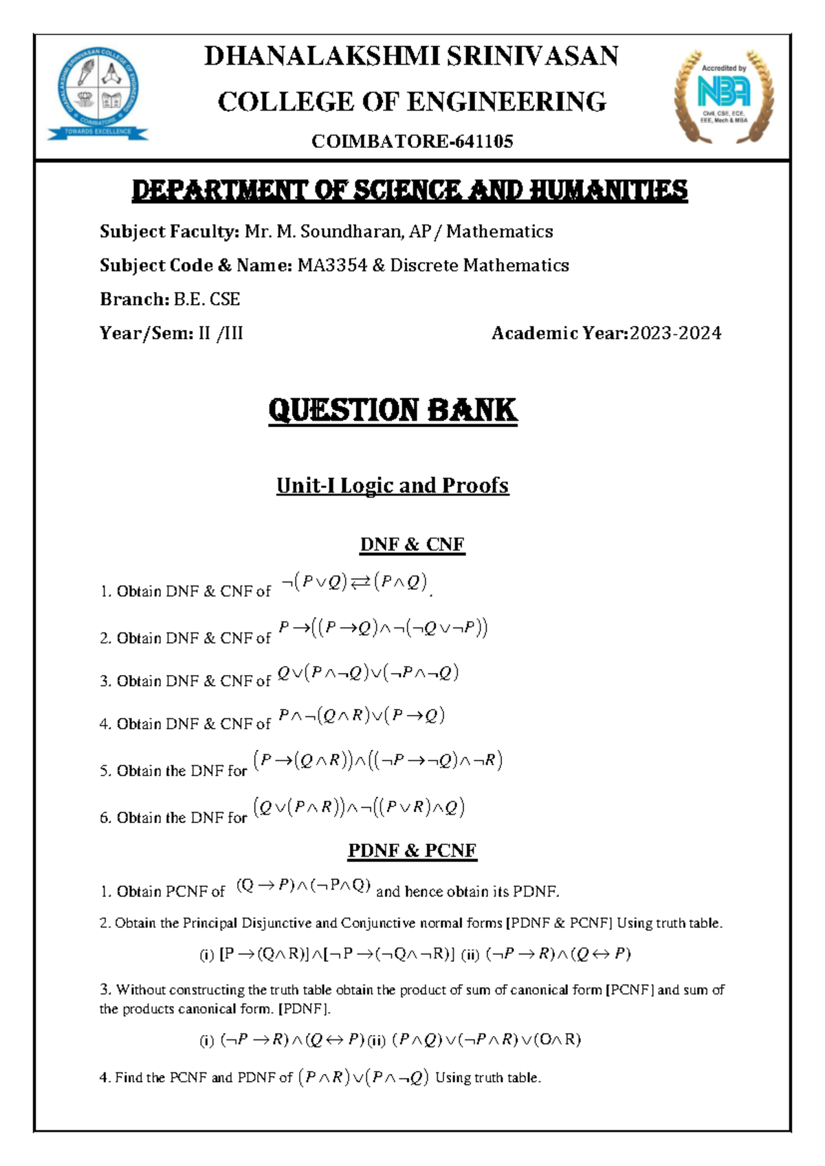 MA3354 Discrete Mathematics Question Bank and Solutions - Studocu