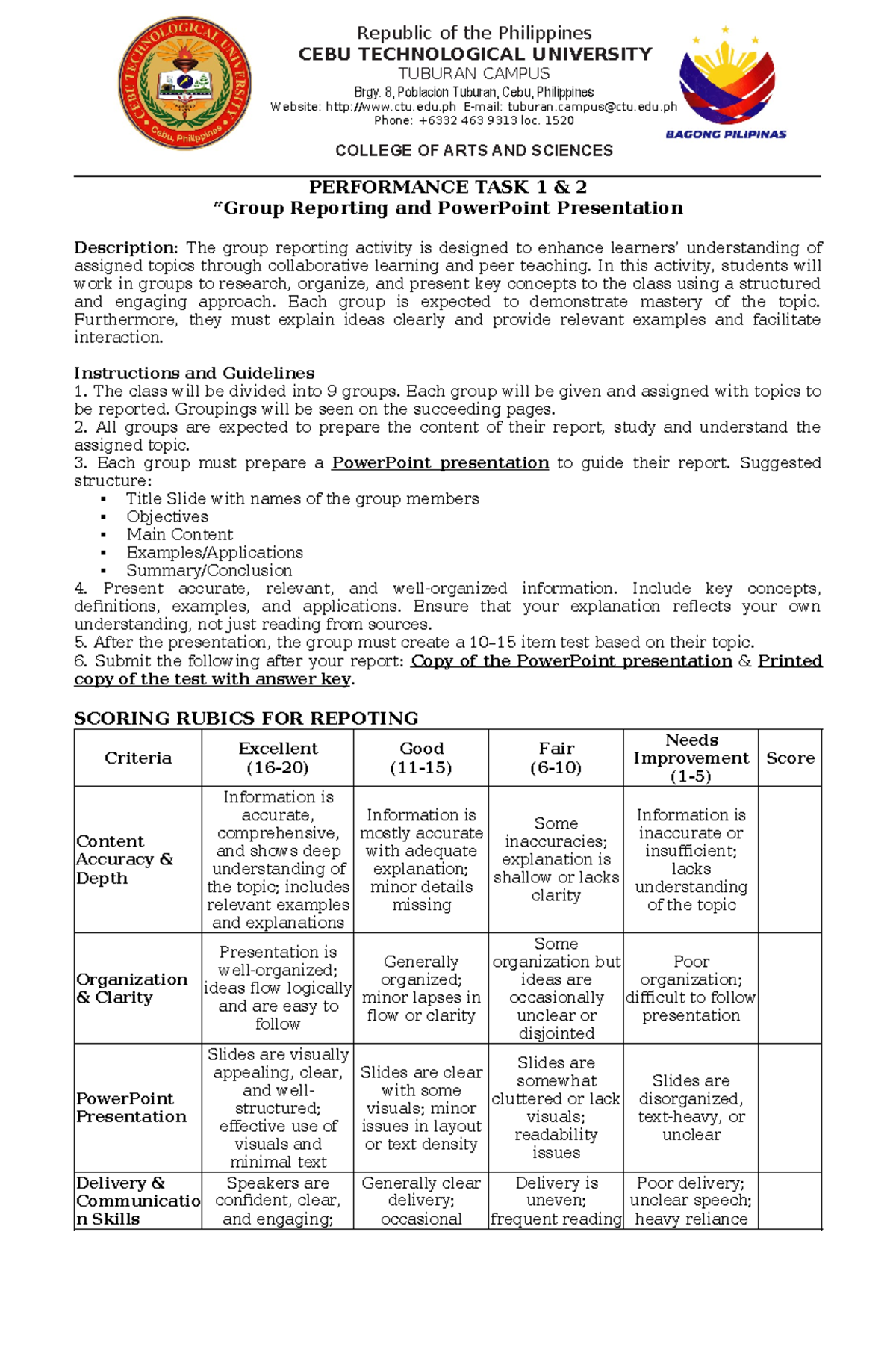 GEC UTS Performance Task 1: Group Reporting & PPT Guidelines - Studocu