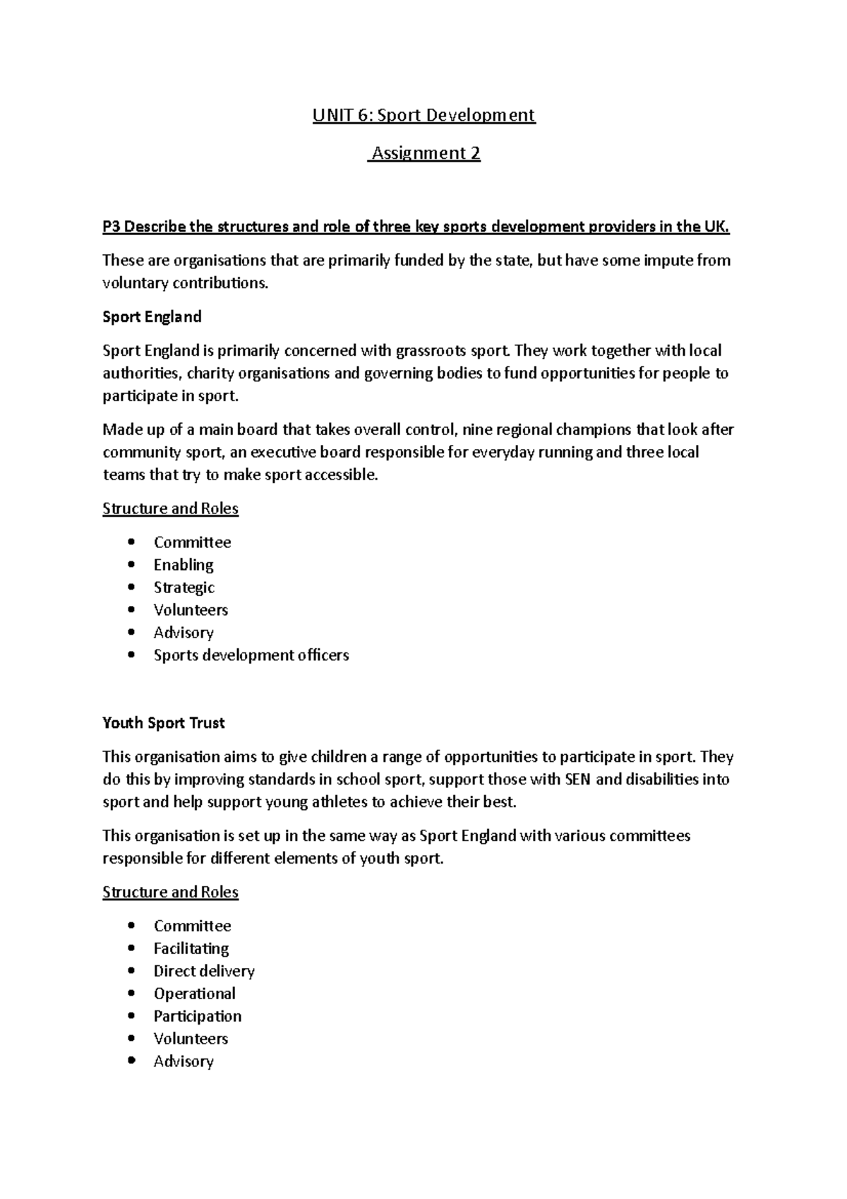 UNIT 6 Sports Development assignment 2 - UNIT 6: Sport Development ...