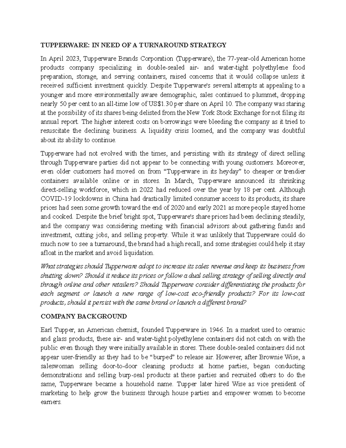 Tupperware Case Study: Strategies for Turnaround (ML85) - Studocu