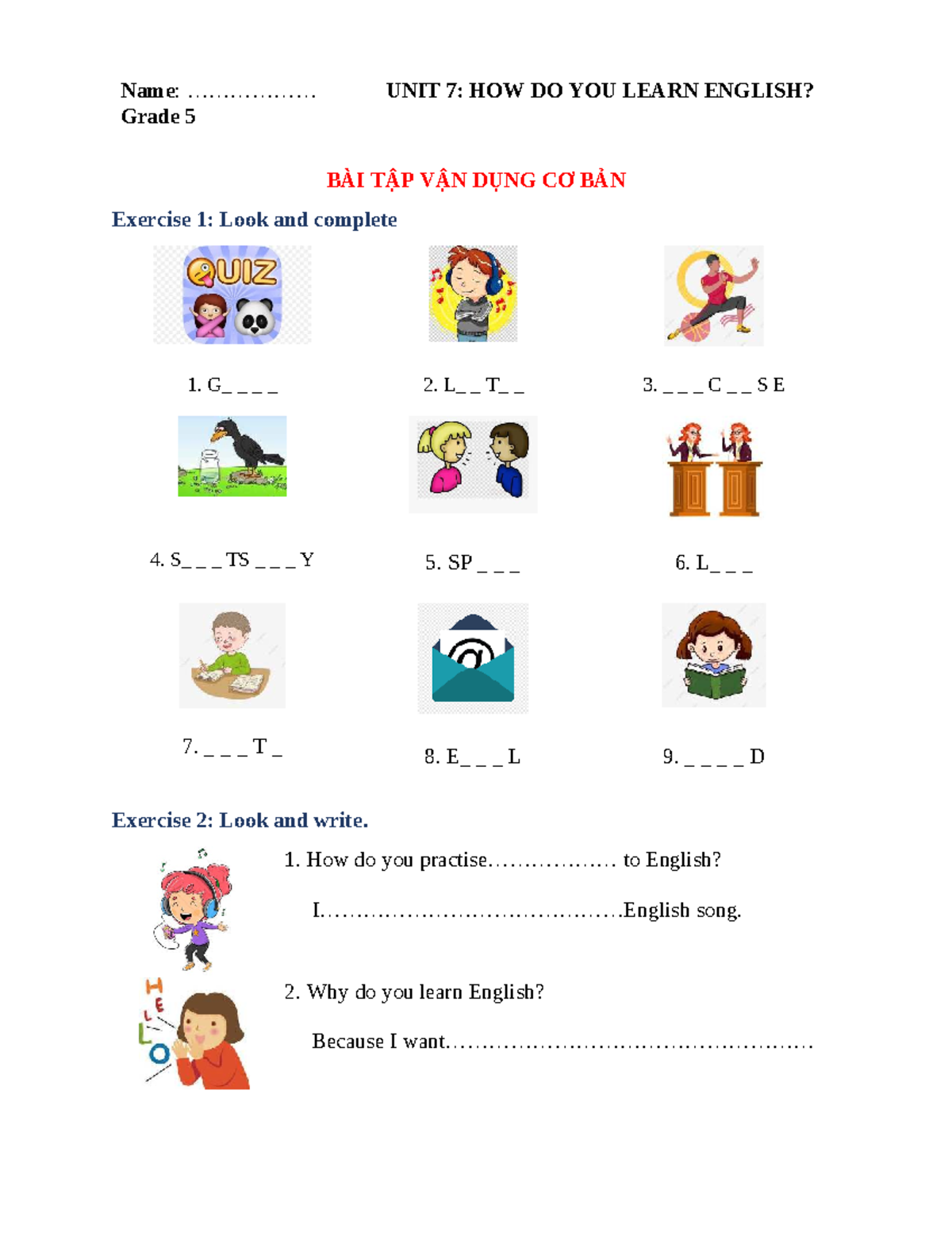Grade 5 English Exercises: UNIT 7 - How Do You Learn English? - Studocu