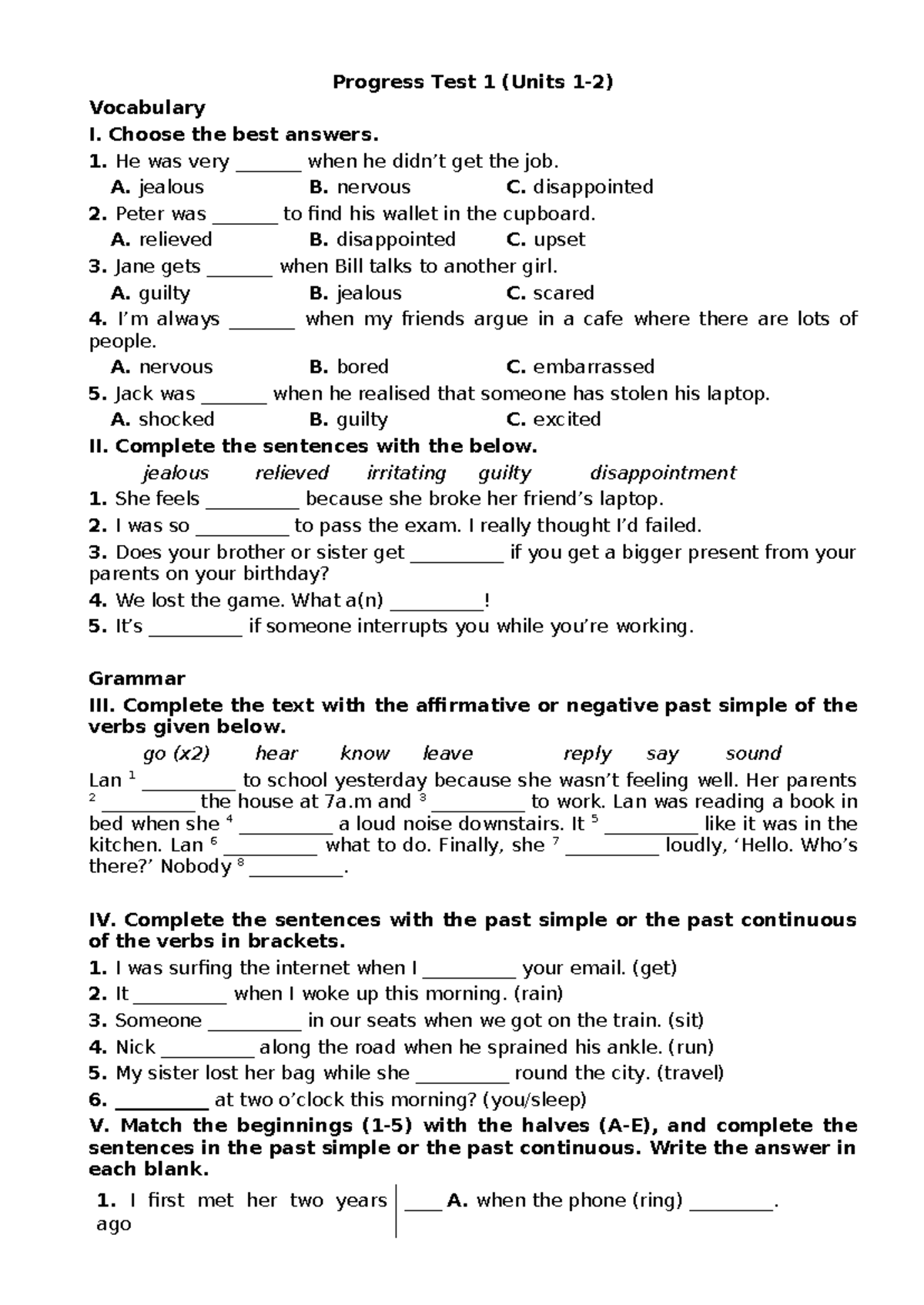 5. Progress Test 1 (Units 1-2) - Progress Test 1 (Units 1-2) Vocabulary ...