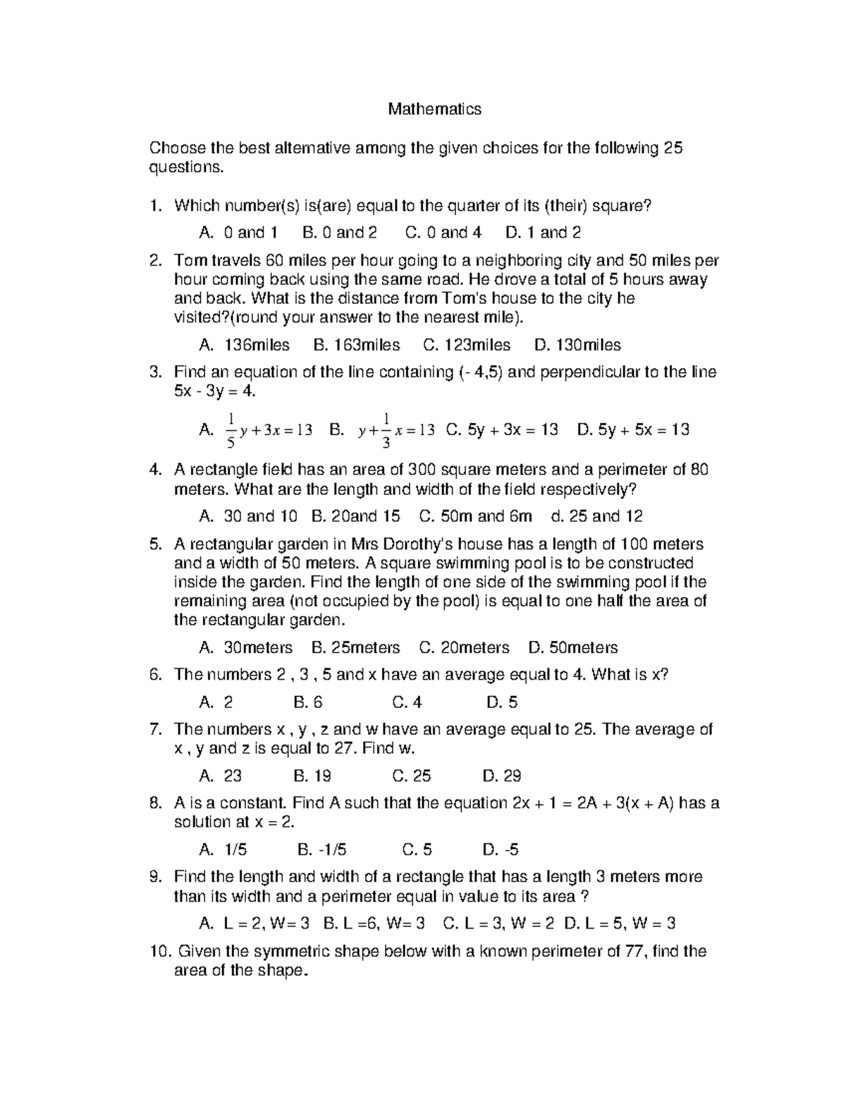 Mathematics Sample Exam (MAT101) for Pilot Trainee Candidates - Studocu