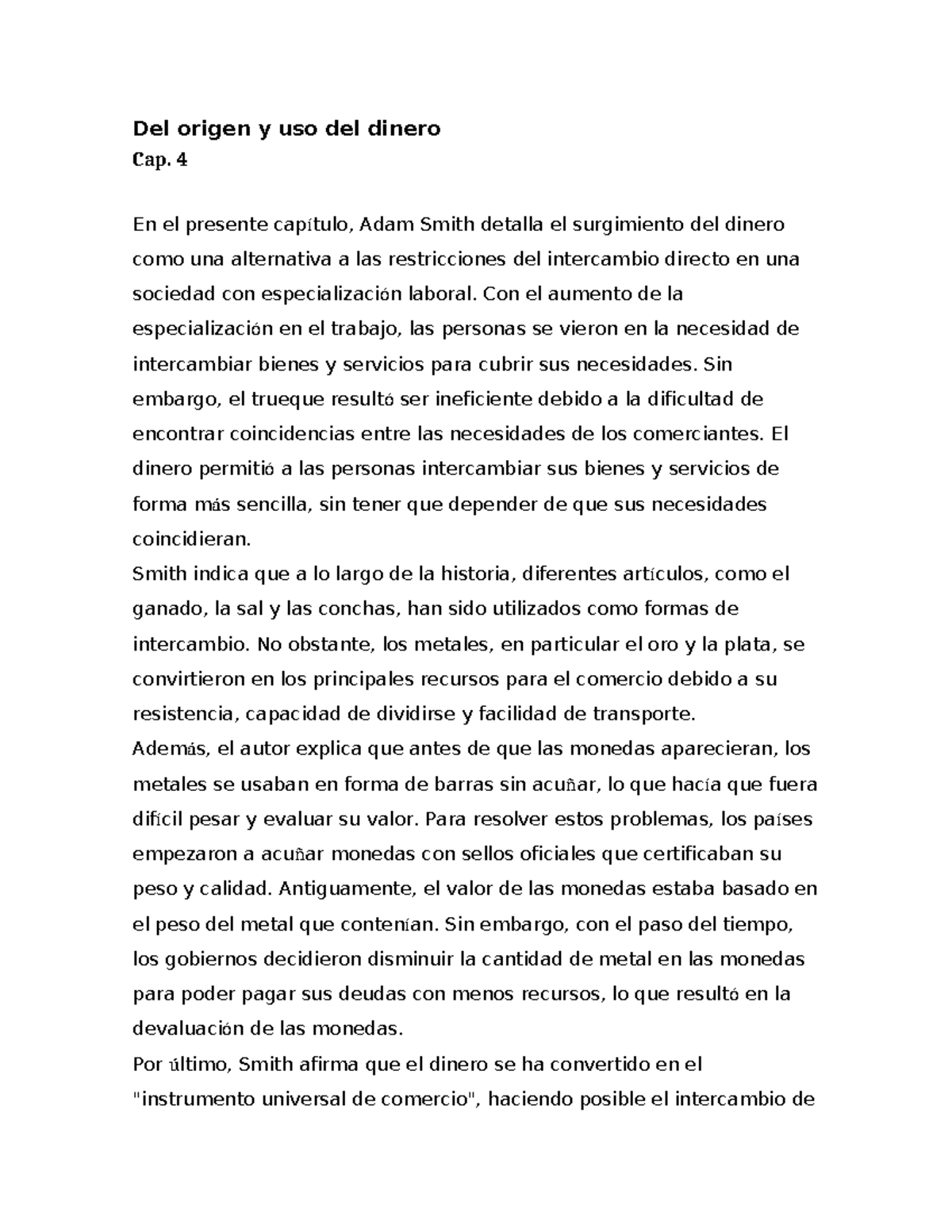 Cap. 4: Origen y Función del Dinero en la Economía según Smith - Studocu