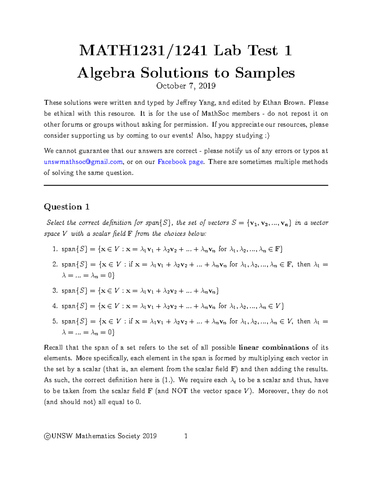 MATH1231/1241 Lab Test 1: Algebra Solutions and Sample Problems - Studocu