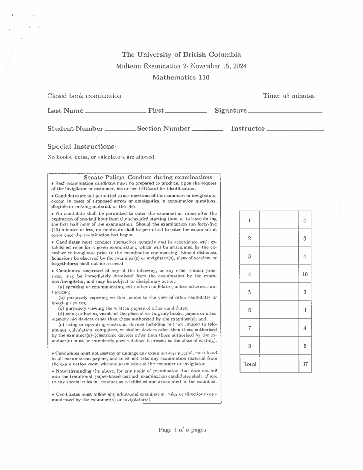 MATH 110 Midterm Exam Guidelines & Sample Questions - Nov 15, 2024 ...