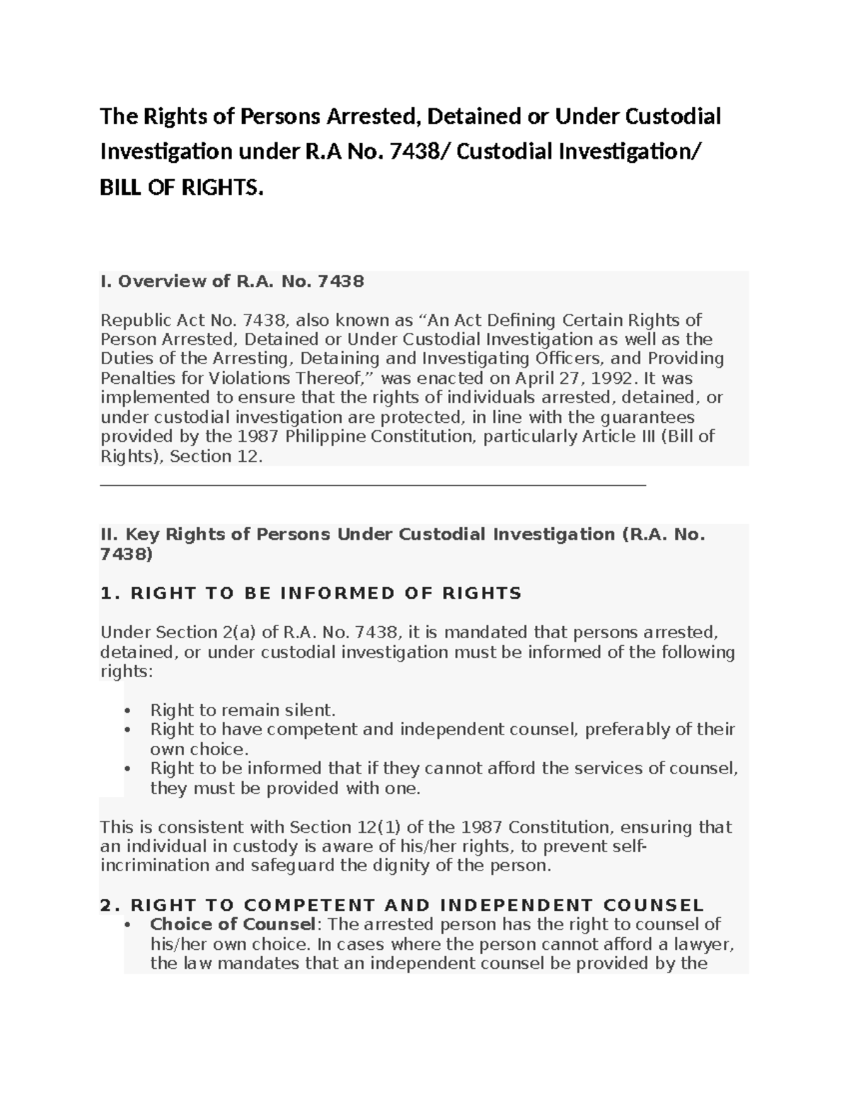 R.A. No. 7438: Custodial Rights Overview and Key Provisions - Studocu