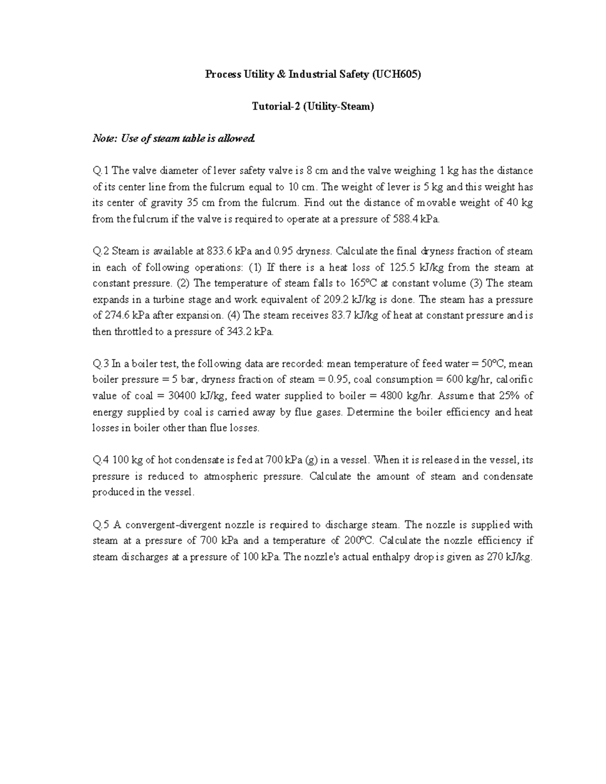 Process Utility Industrial Safety (UCH605) Exam Notes on Steam ...