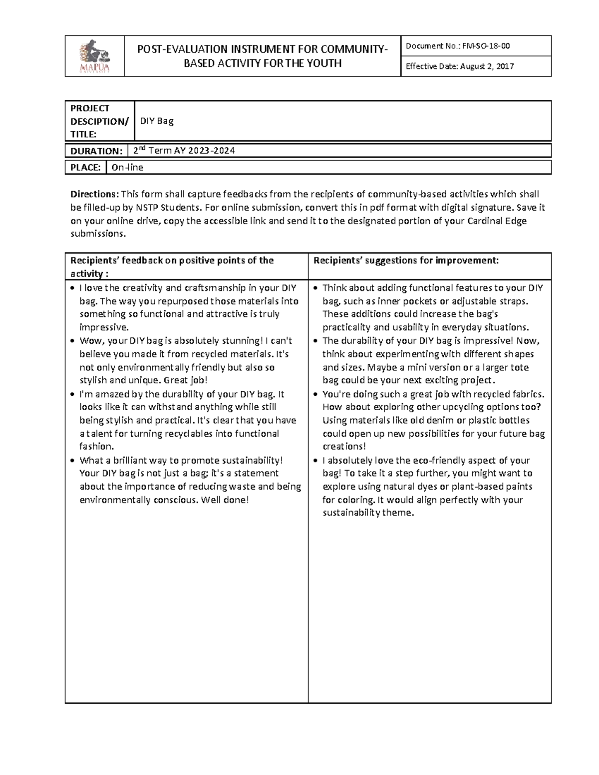 CWTS103 PE - Post-Evaluation Feedback for Community-Based Activity ...