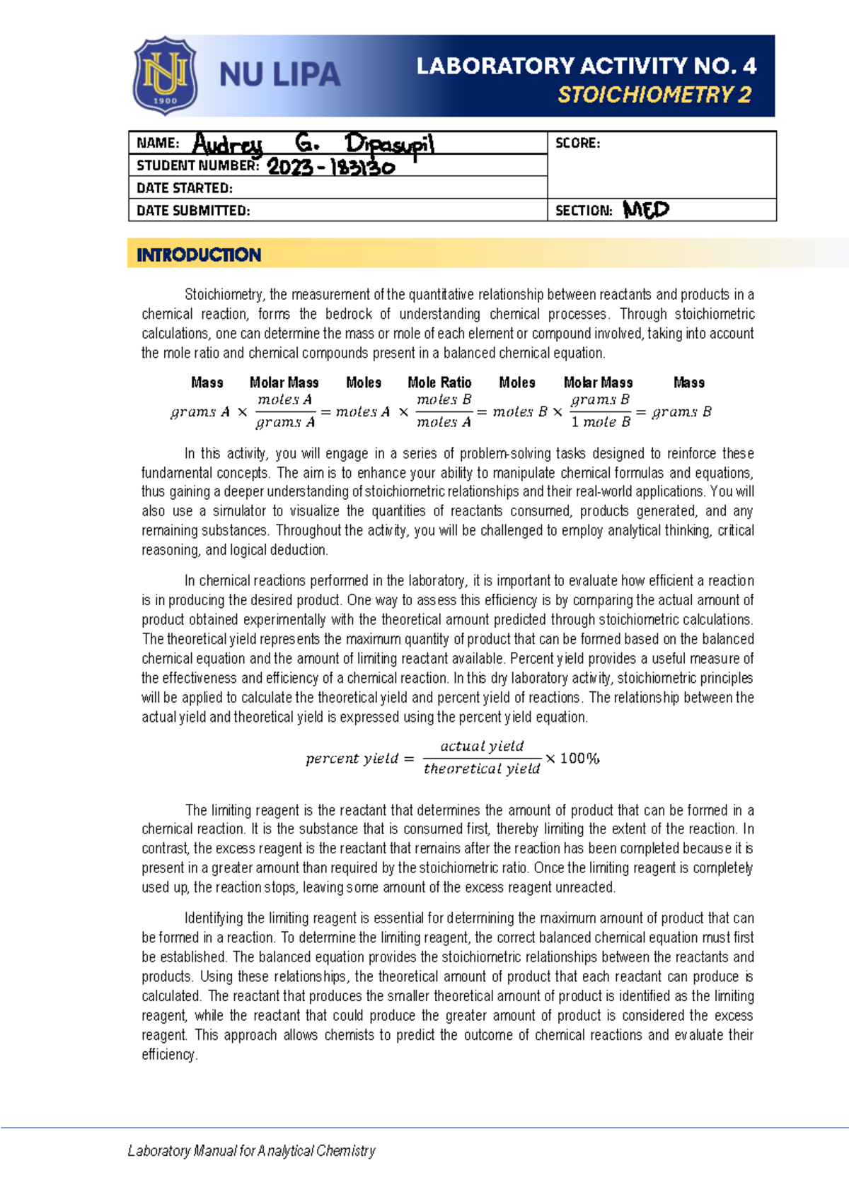 LAB Activity 4: Stoichiometry Principles and Calculations - Studocu