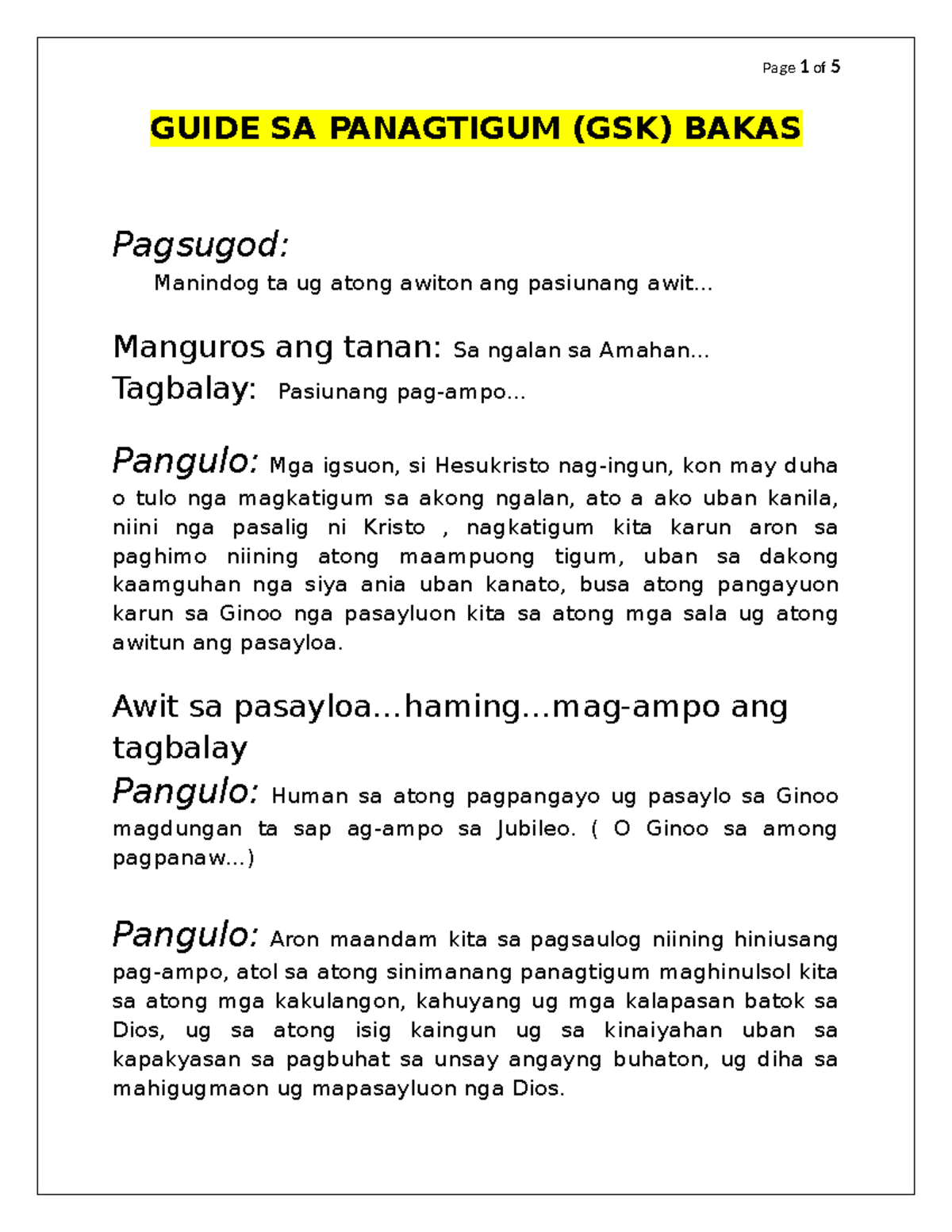 GSK: Guide sa Panagtigum ug Pagsimba sa Ginoo - Studocu