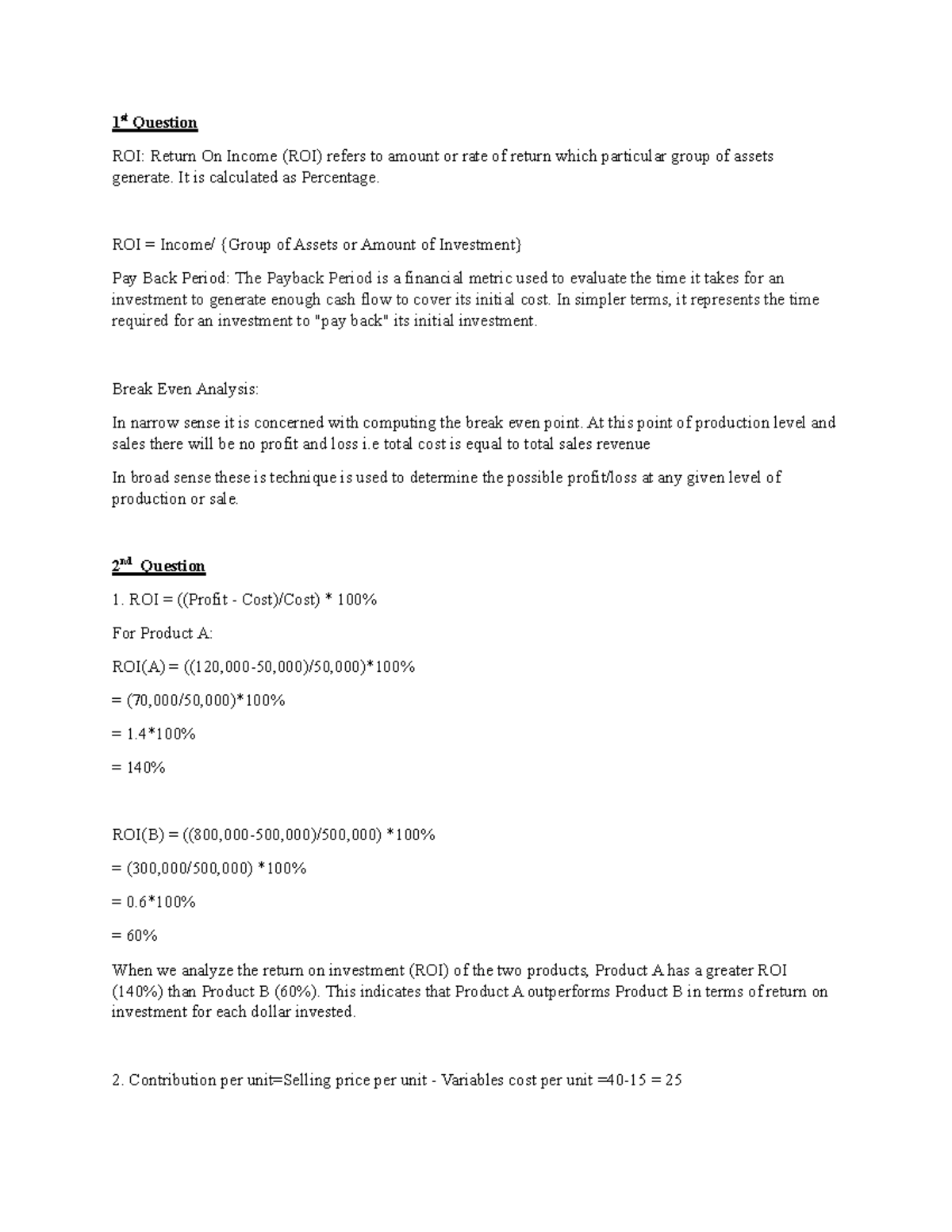 Finance Assignment 9: Analyzing ROI and Break Even Analysis - Studocu