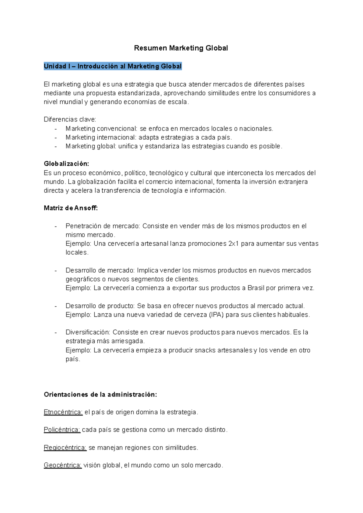 Resumen Marketing Global - Unidad I: Introducción y Estrategias Clave ...