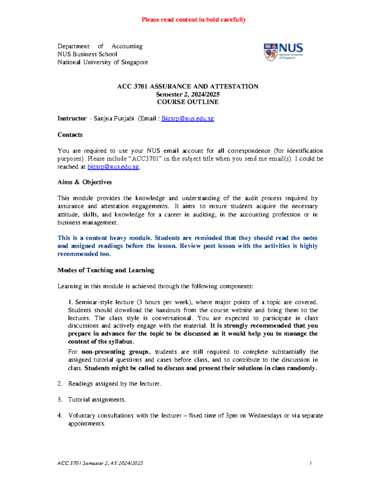 ACC3701 Course Outline for Assurance and Attestation - Sem 2, 2024/25 ...
