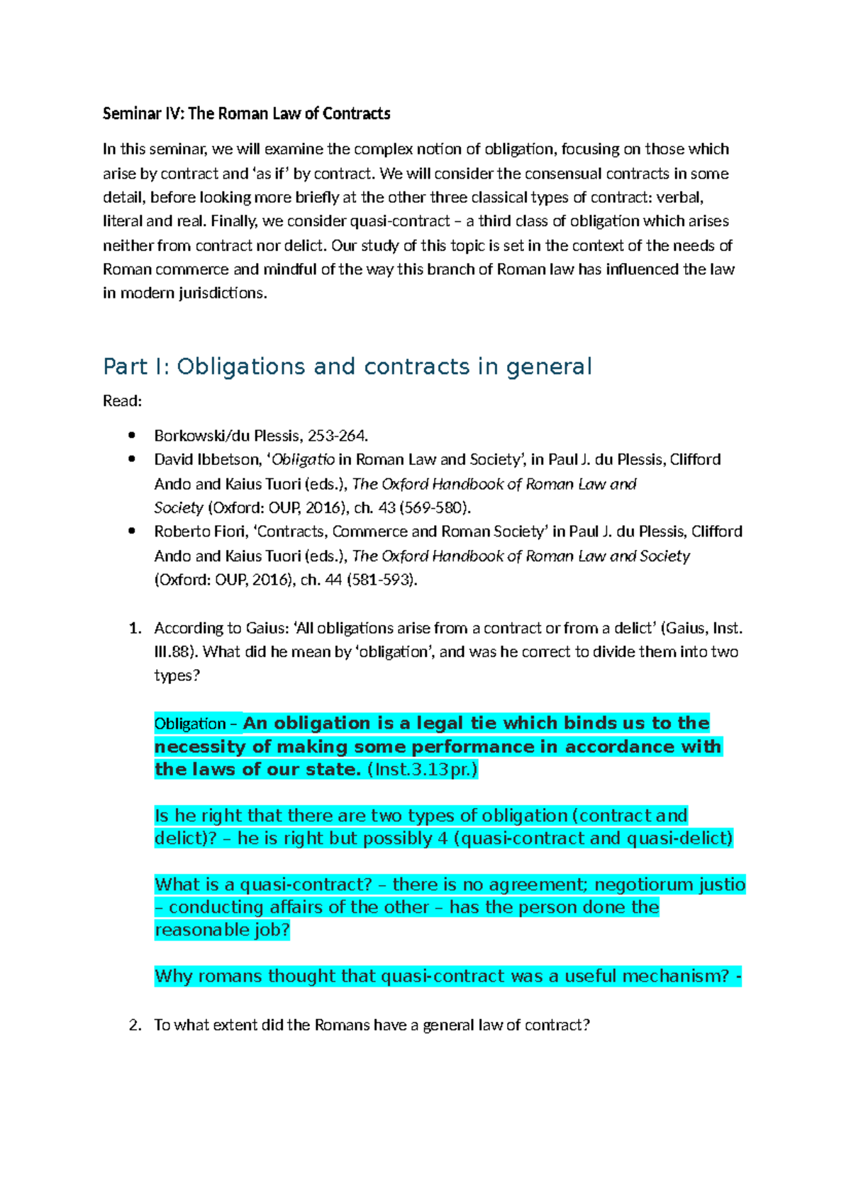 Seminar 4 The Roman Law of Contracts - Seminar IV: The Roman Law of ...
