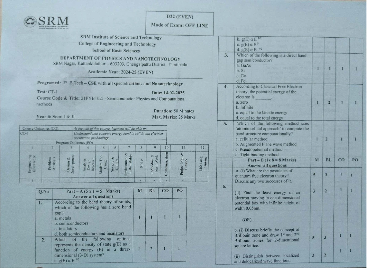 SRM 21CYB101J Chemistry CT1 Answer Key - Internal Exam - Studocu