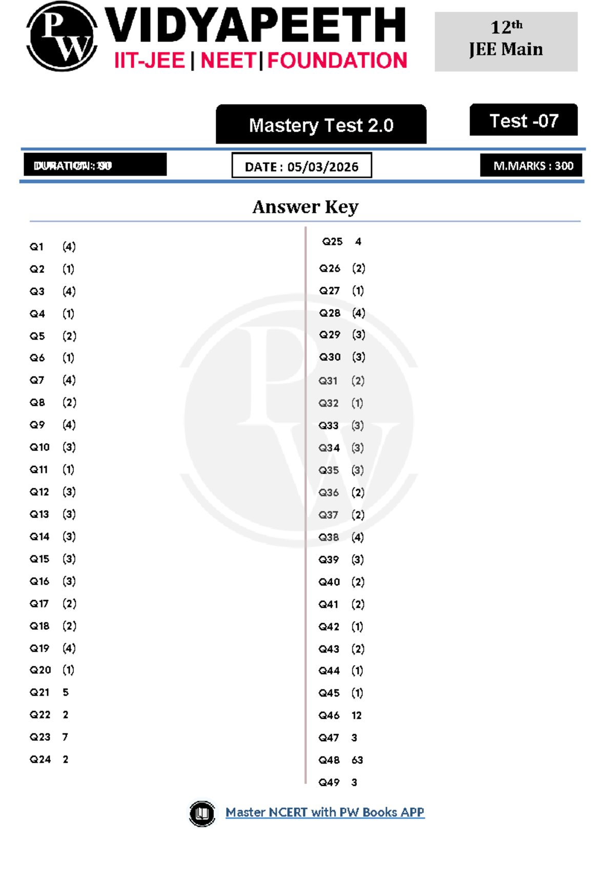 Mastery Test 2.0 for 12th JEE Main: Answer Key & Solutions - Studocu