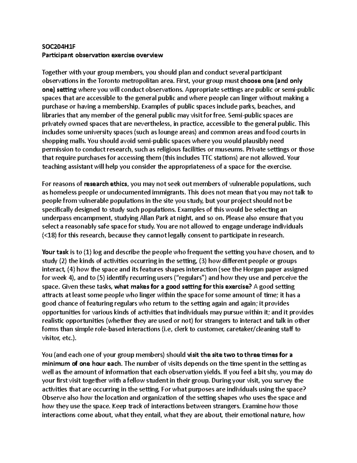 SOC204H1F Participant Observation Exercise Overview and Guidelines ...