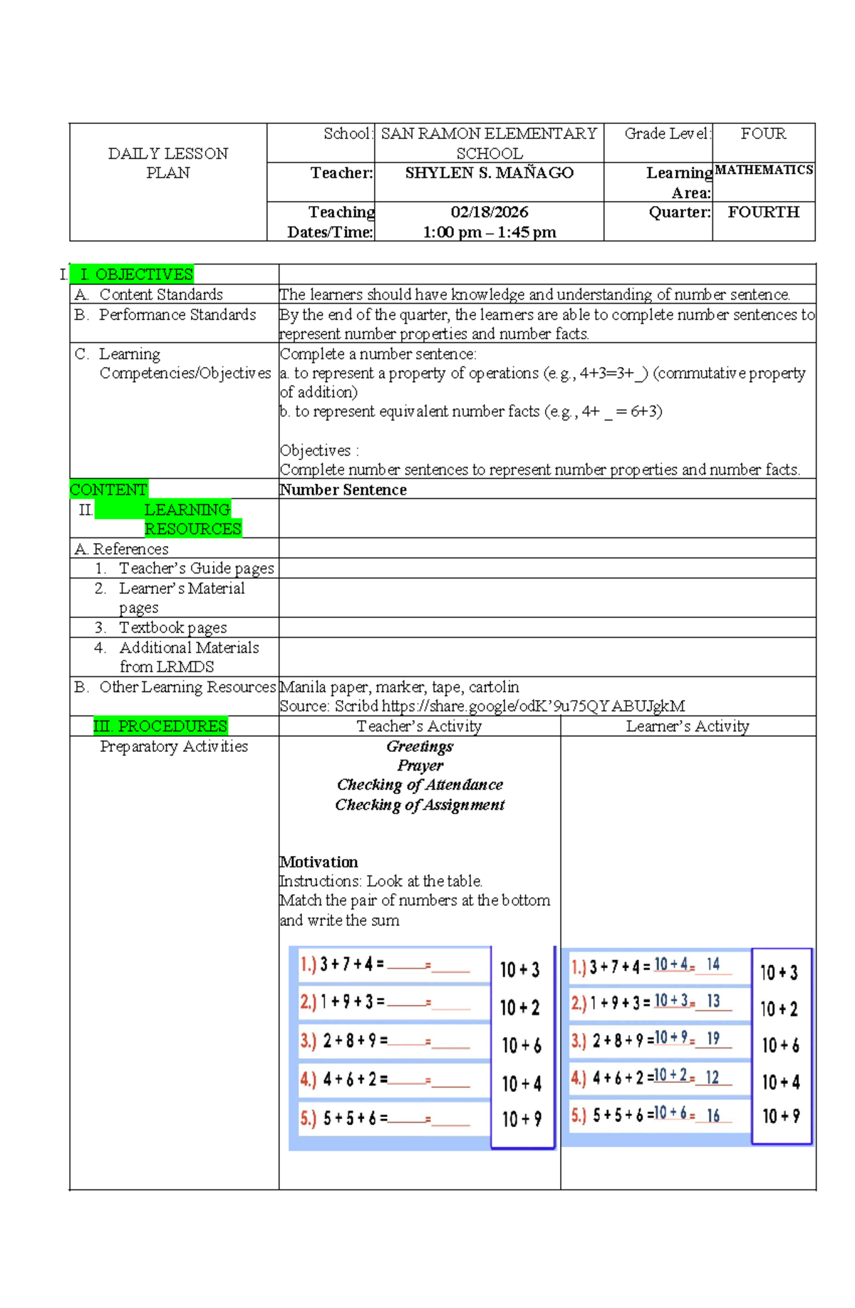 DAILY LESSON PLAN: GRADE 4 MATH (QTR 4) by Shylen S. Mañago - Studocu