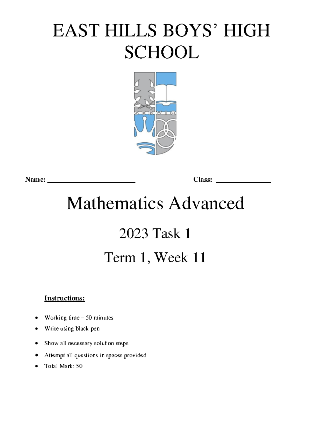 Adv Math Past Paper 2023 - EAST HILLS BOYS’ HIGH SCHOOL Name ...